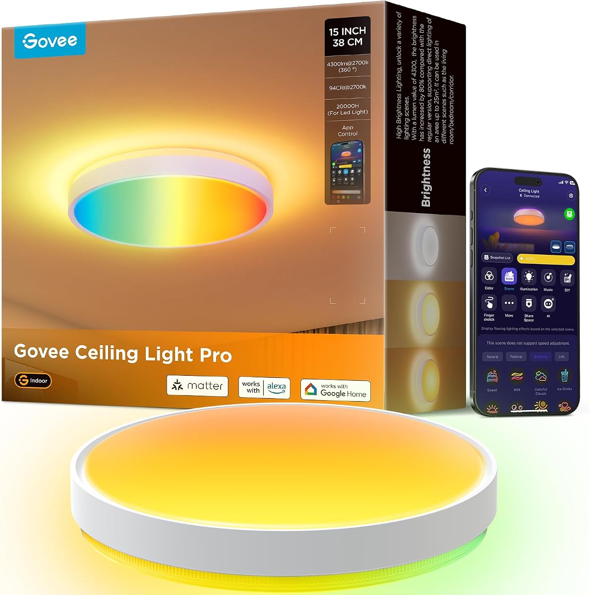 Smart Ceiling Light 4300LM 15 Inch, RGBIC 2700K-6500K 1 Pack | LED Ceiling Light Fixture Works with Matter Alexa, Flush Mount Light Fixture, DIY Colors, for Bedroom, Living Room
