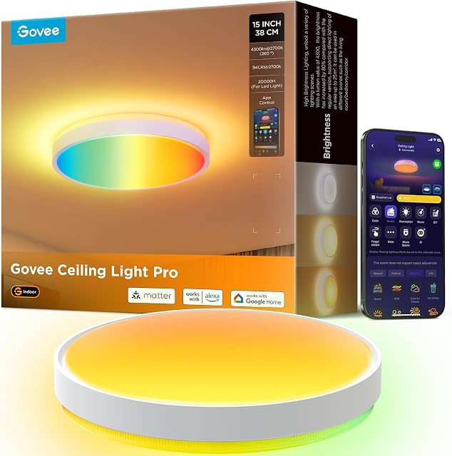 Govee Lumière de plafond intelligente Pro, 4300LM 15 De pouce, RGBIC 2700K-6500K 1 Emballage LED La fixation de la lumière de plafond fonctionne avec la matière Alexa, DIY Couleurs, Installation de lumière de montage Flush pour chambre, Salon