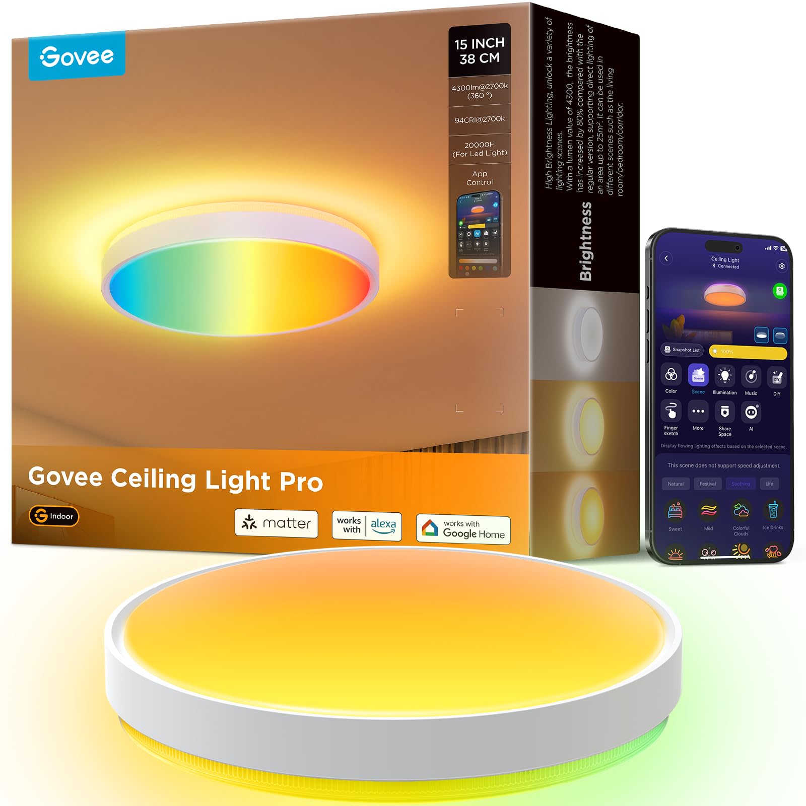 Govee Smart Ceiling Light 4300LM, RGBIC LED Ceiling Light Fixture Works with Matter, Flush Mount Light Fixture, DIY Colors, 2700K-6500K Dimmable for Bedroom, Living Room, 15 Inch, 1 Pack