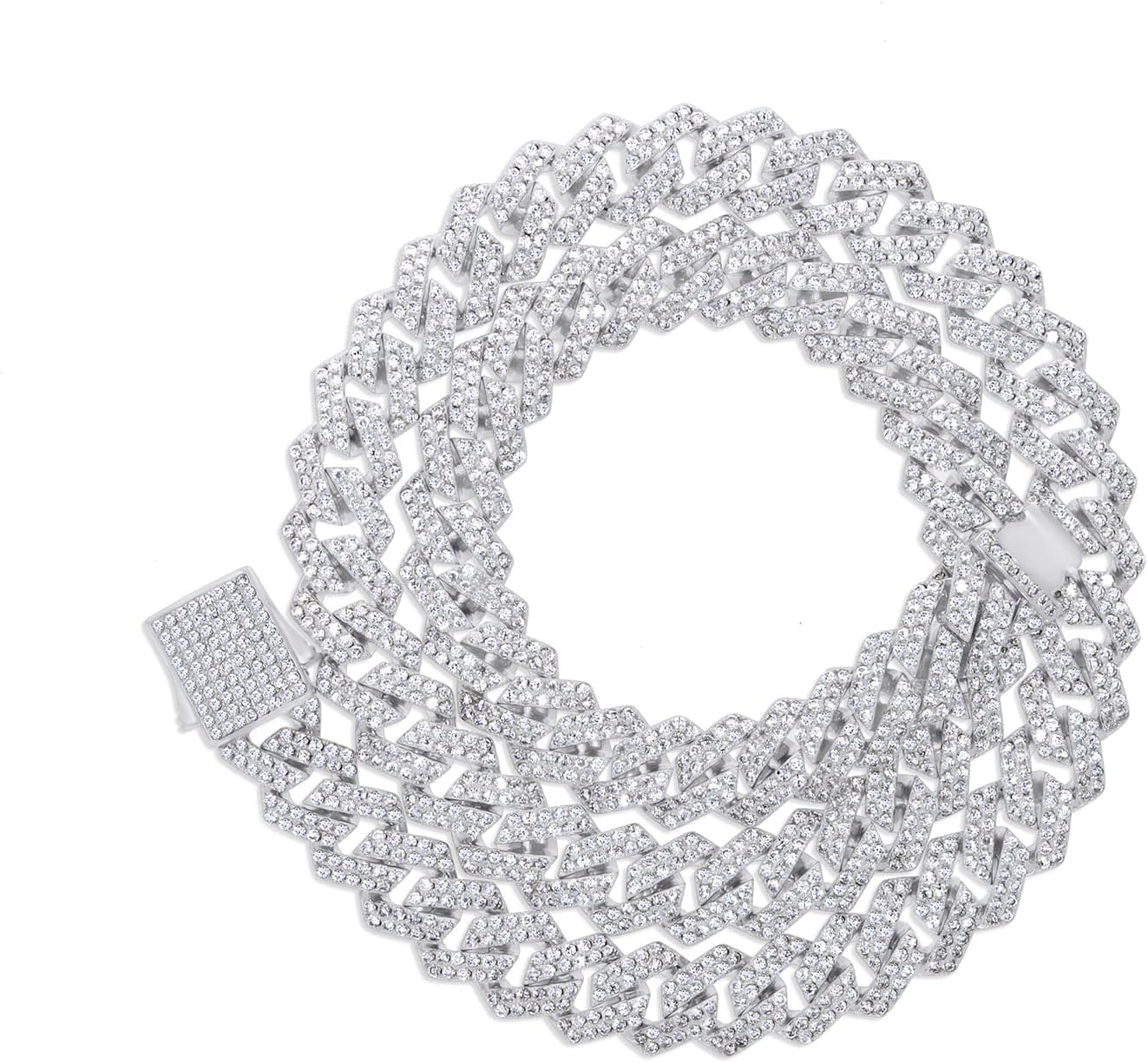 SAVEARTH DIAMONDS 25.00 Carat Round Lab Created Moissanite Diamond 14MM Width Cuban Link Chain Necklace In 14k White Gold Over Sterling Silver 22" Length, Clarity : VVS1