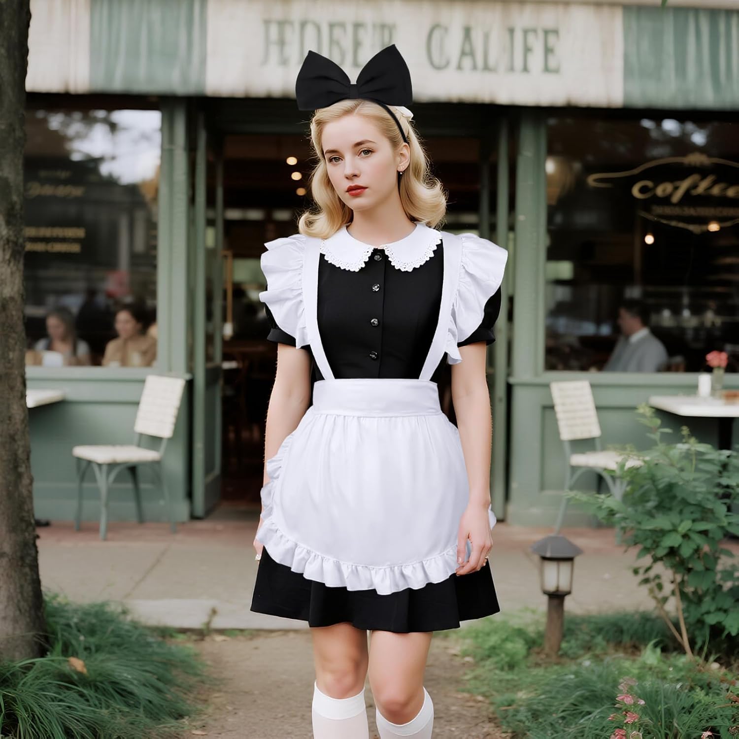 White Apron for Women Maid Apron with Bow Headband Set for Halloween Theme Party - Image 4