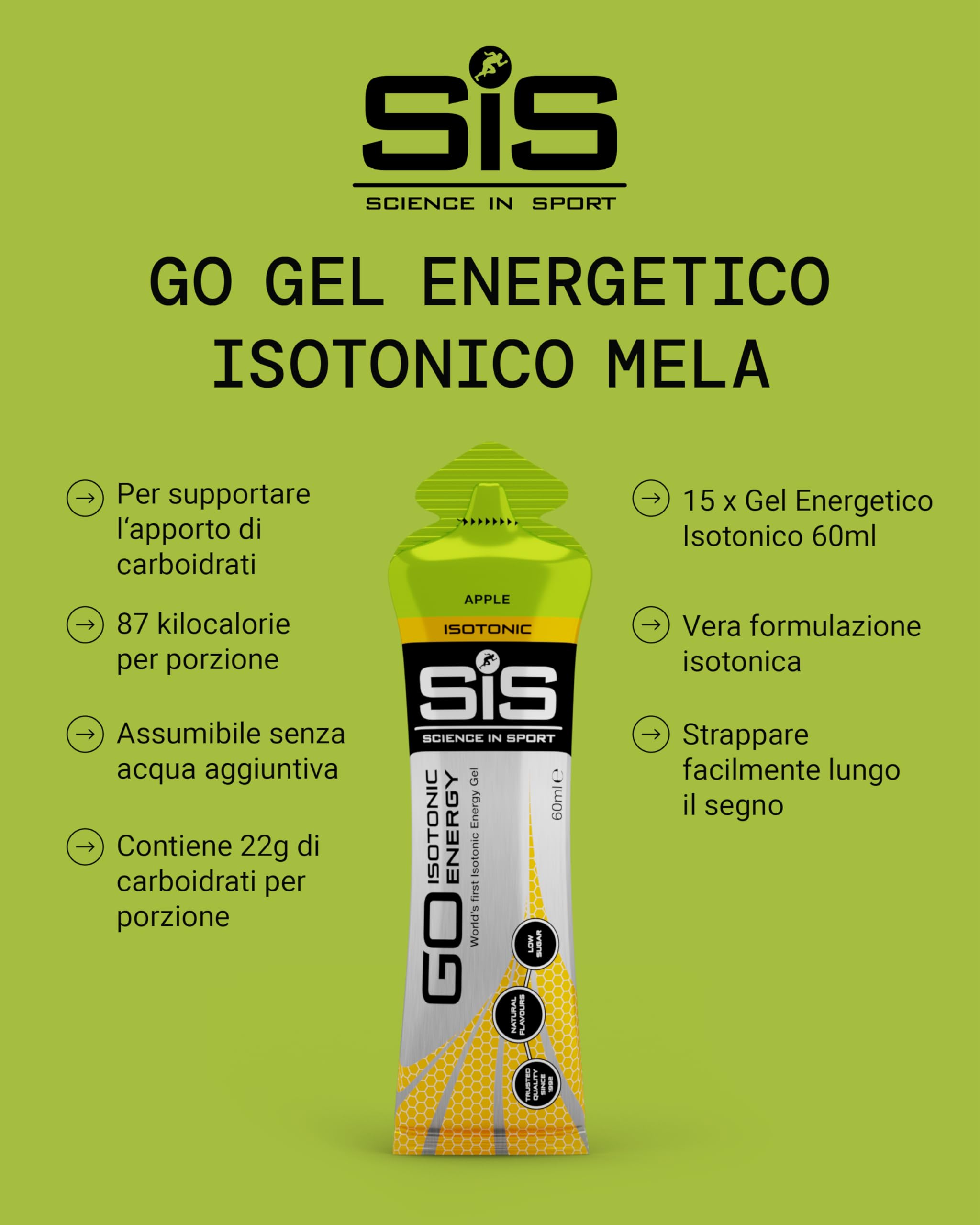 Science in Sport GO Isotonic Energy Gel 15 x 60ml Mela, Vegano - Gel energetico con 22g di carboidrati, A basso contenuto di zuccheri, Alternativa ideale alle bevande isotomiche