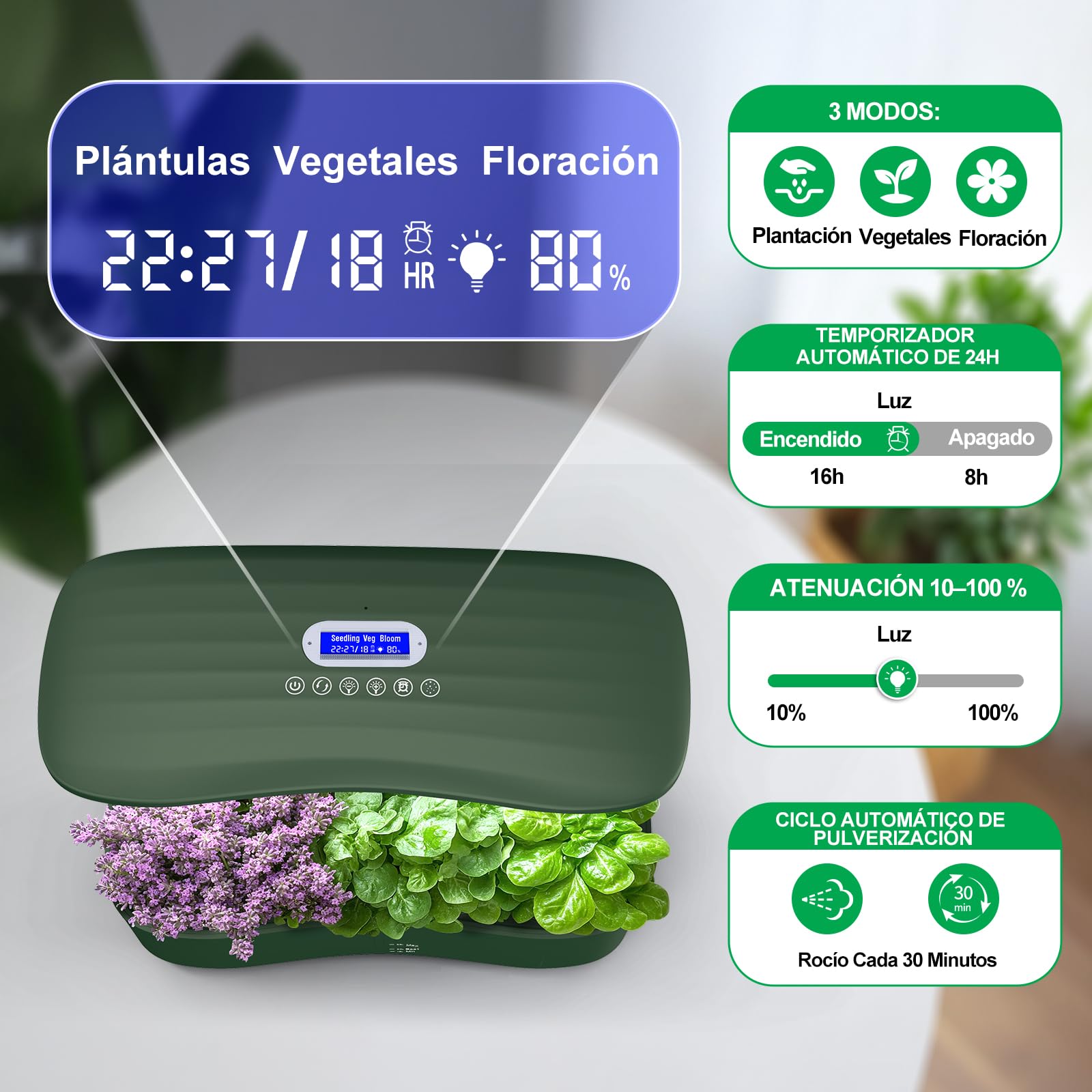 Sistema de Hidroponia, Kit de Cultivo Hidropónico Interior con 15 Vainas, Huerto Interior con Temporizador Automático, con Luce LED de Espectro Completo, Altura Ajustable 20", Tanque de 5L