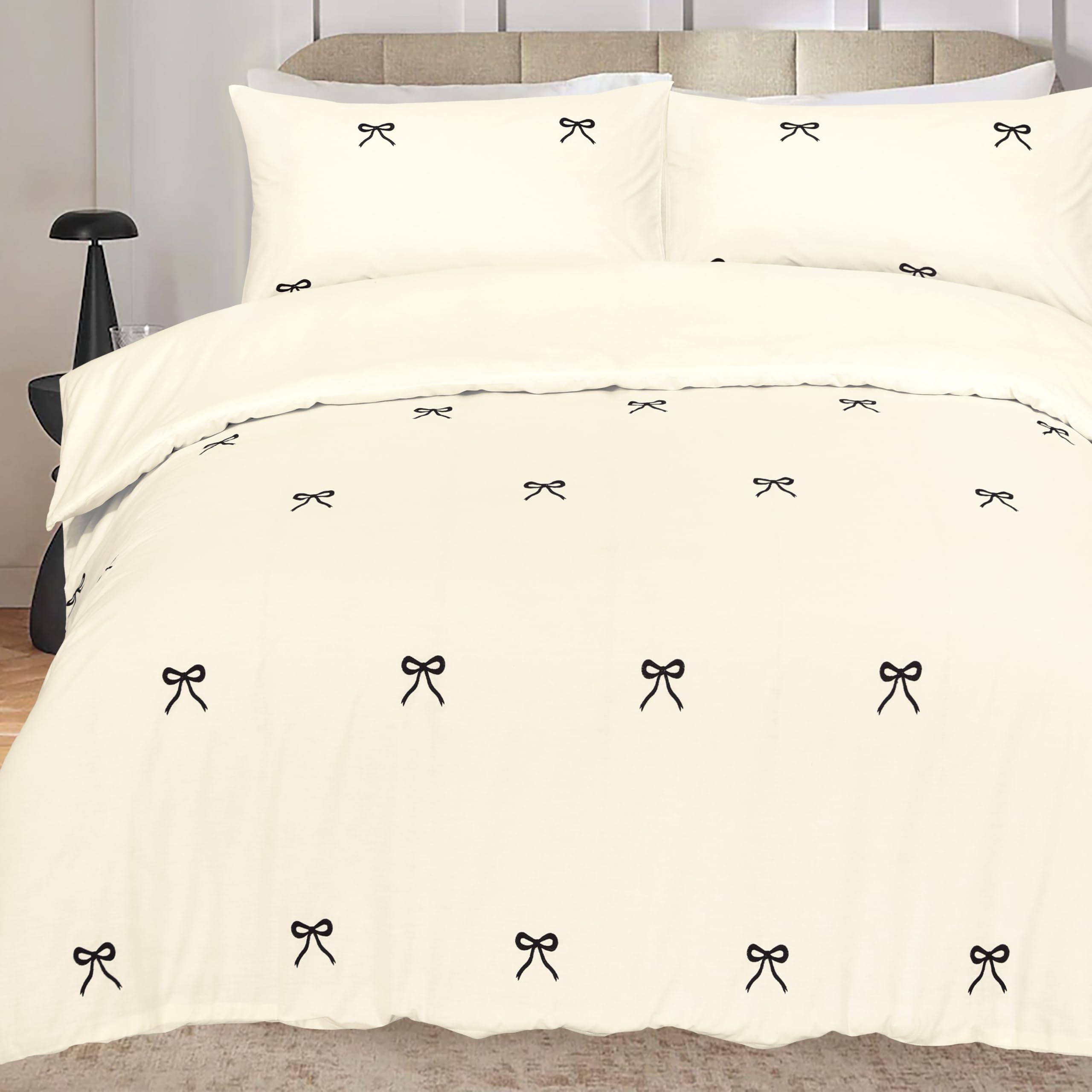 Olivia Rocco Bows Single Duvet Cover Sets Cotton Rich Bedding Set Embroidered Soft Easy Care Quilt Cover with Pillowcase, Cream/Black Single