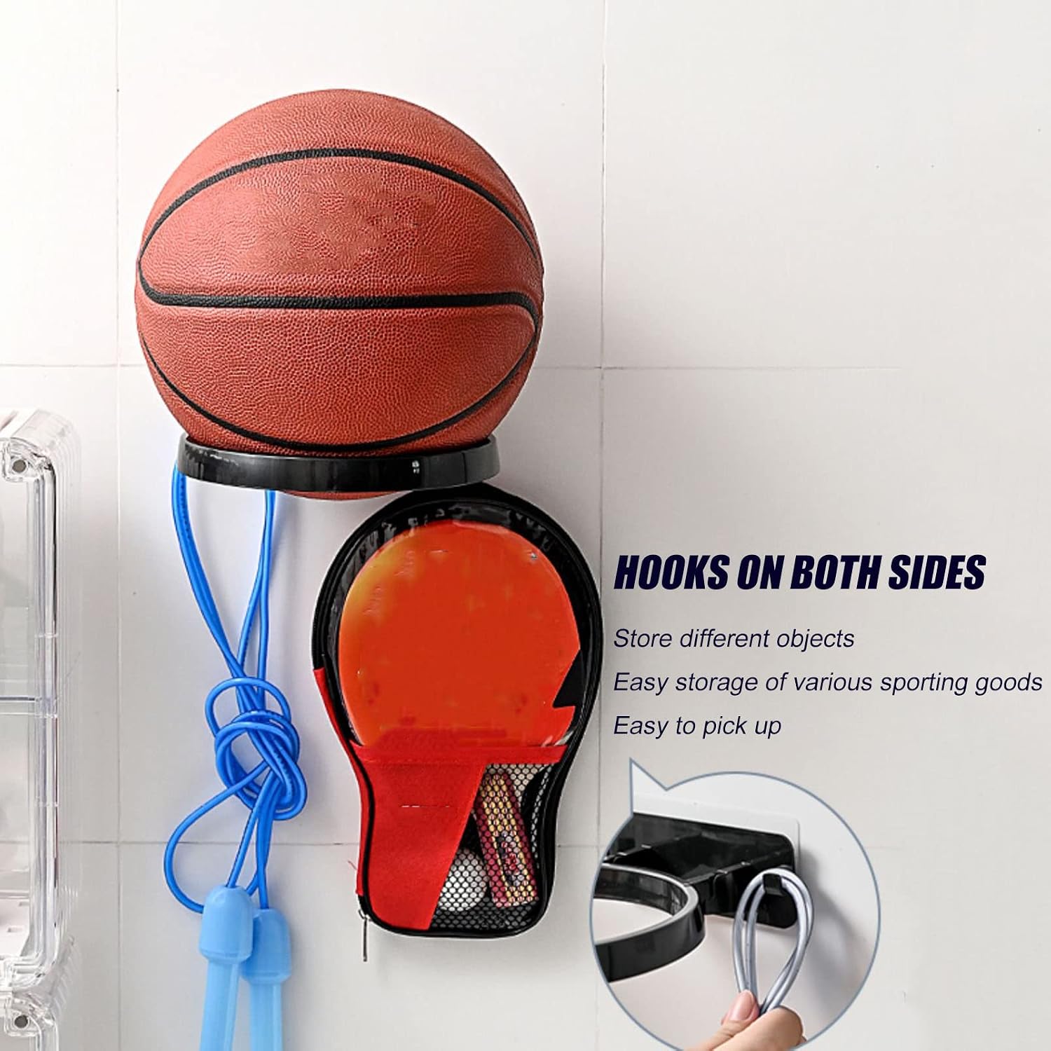 2Pcs Basketball Stand, Wall Mount Hanger Football Display Rack, Multi Function Sports Ball Storage Holder, Sports Equipment Organizer for Volleyball Rugby Soccer Case Rac（Blue）