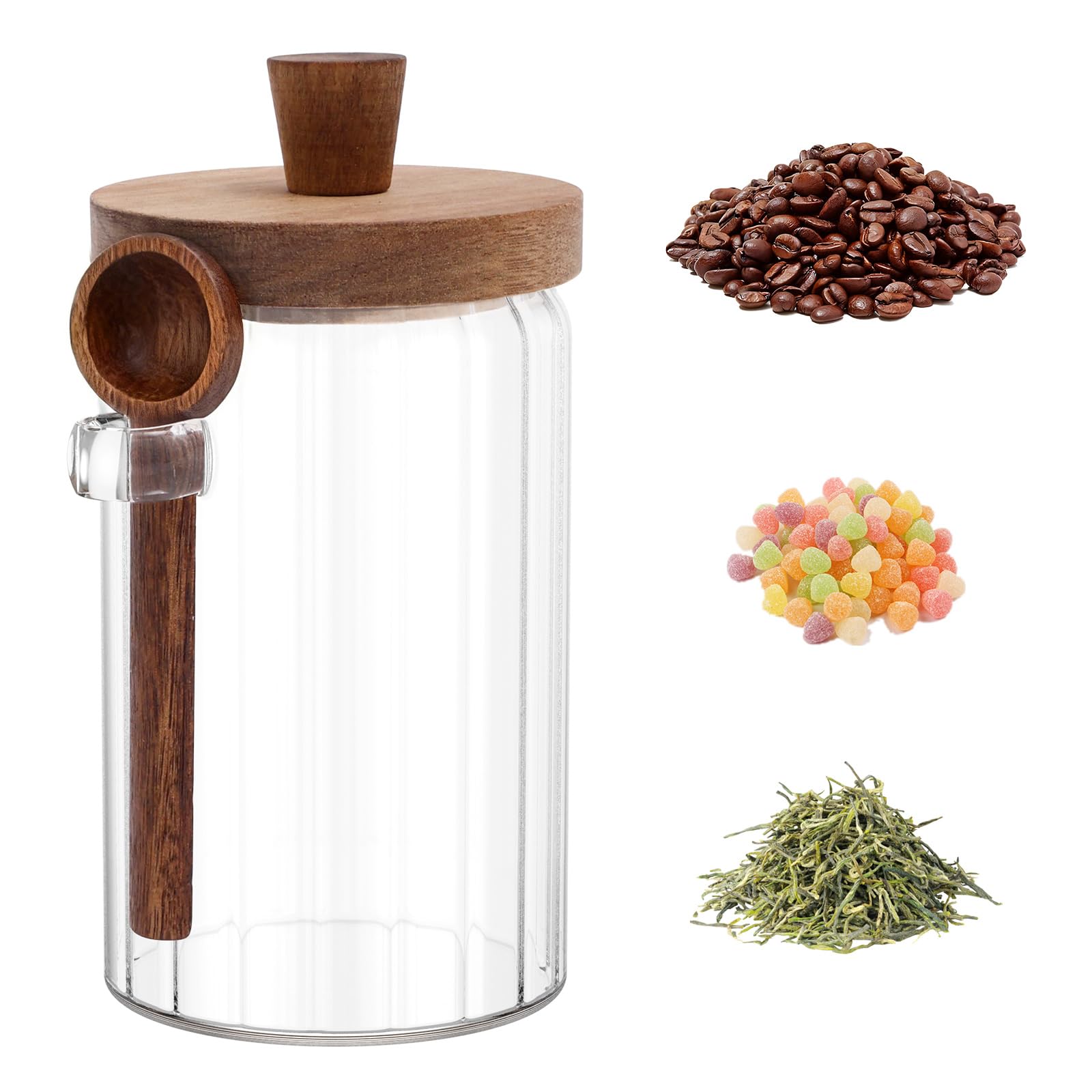 HZUIZXYO Kitchen Storage Canister,Glass Jars with Spoons and Wooden Lid Food Storage Containers Transparent Multipurpose Coffee Jar for Coffee Bean Tea Spices Sugar Grain(34oz)