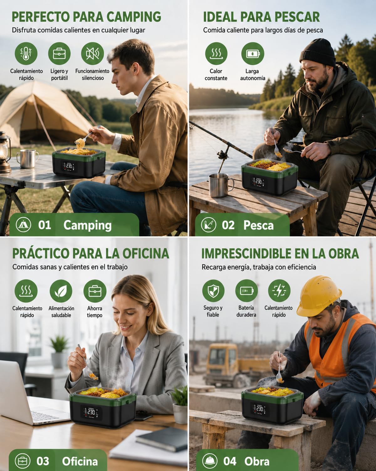 LANMOU Fiambrera Eléctrica Sin Cables 1L, Batería 16000mAh, Acero Inox 304 | Tupper Eléctrico Recargable Usb-C, 6 Temperaturas, Temporizador, Para Coche Camión Oficina Y Trabajo, 60w