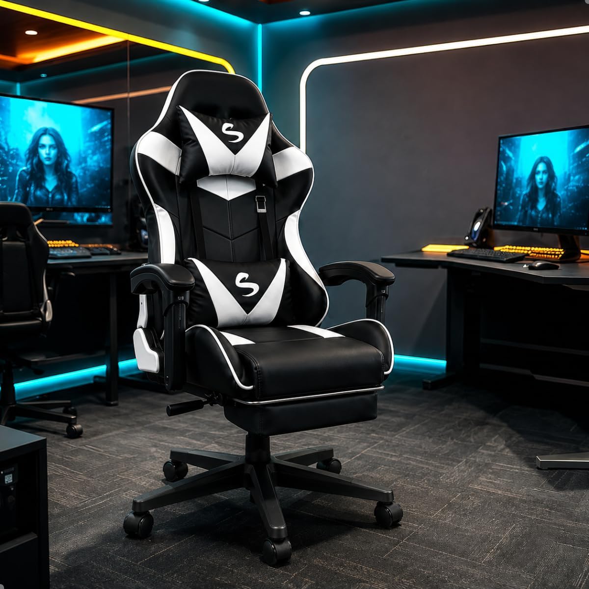 Cadeira Gamer de Escritório Ergonômica, Reclinável com Apoio para Pés, Almofadas Lombar e Pescoço, Base Nylon 50mm, Suporta 120kg (Branca)