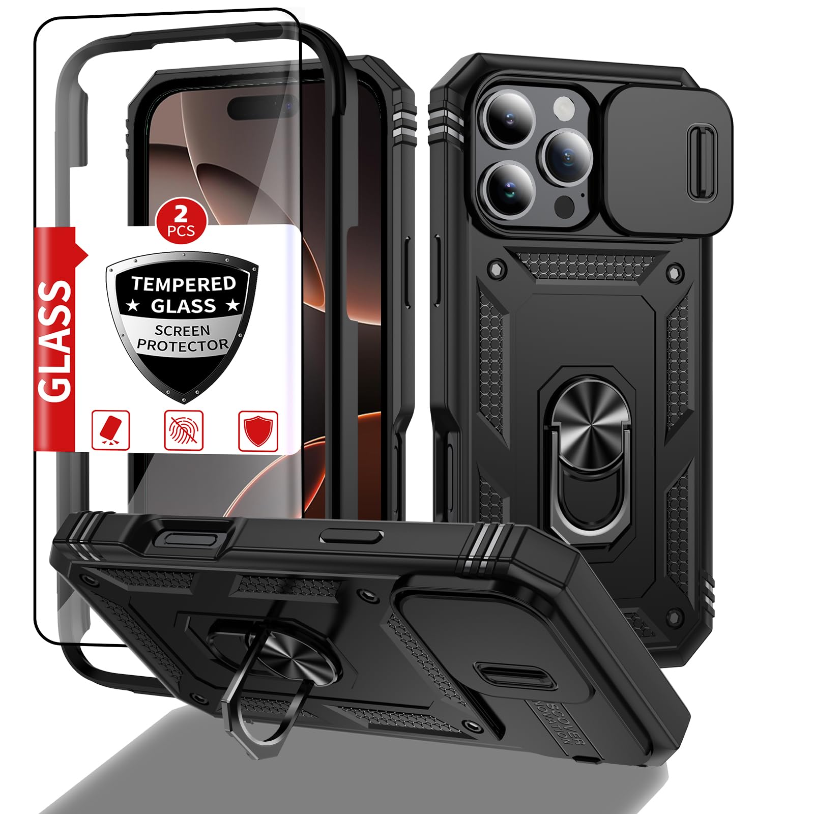 IYTRRYH Compatible with iPhone 16 Pro Case with 2 Tempered Glass Screen Protectors,Built-in 360°Kickstand Ring with Camera Cover Shockproof Military