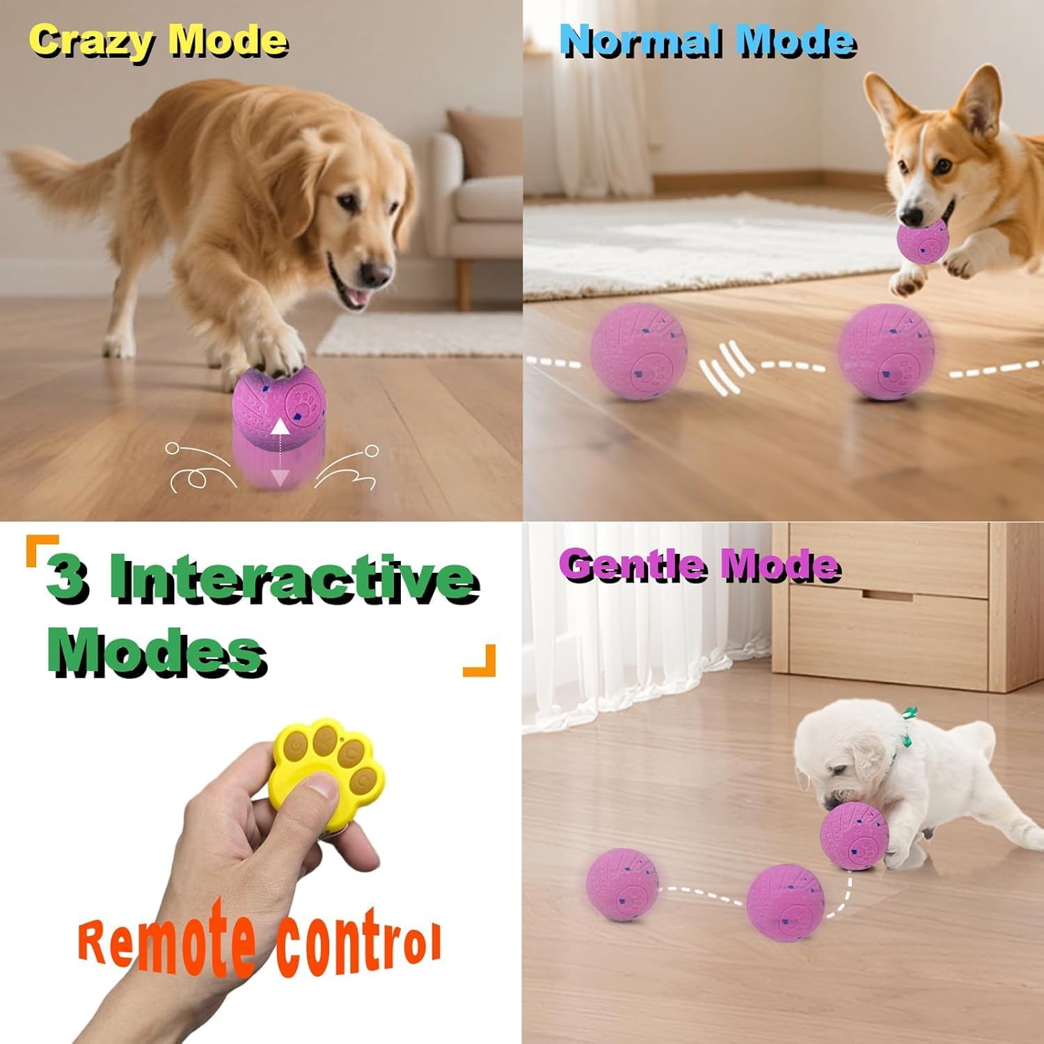 Interactive Dog Toy Ball with Remote: Automatic Bouncing, Vibration and Jumping Action Interactive Toy, Durable Duraspin for Aggressive Chewers, Rechargeable, for Indoor & Outdoor Use Pink