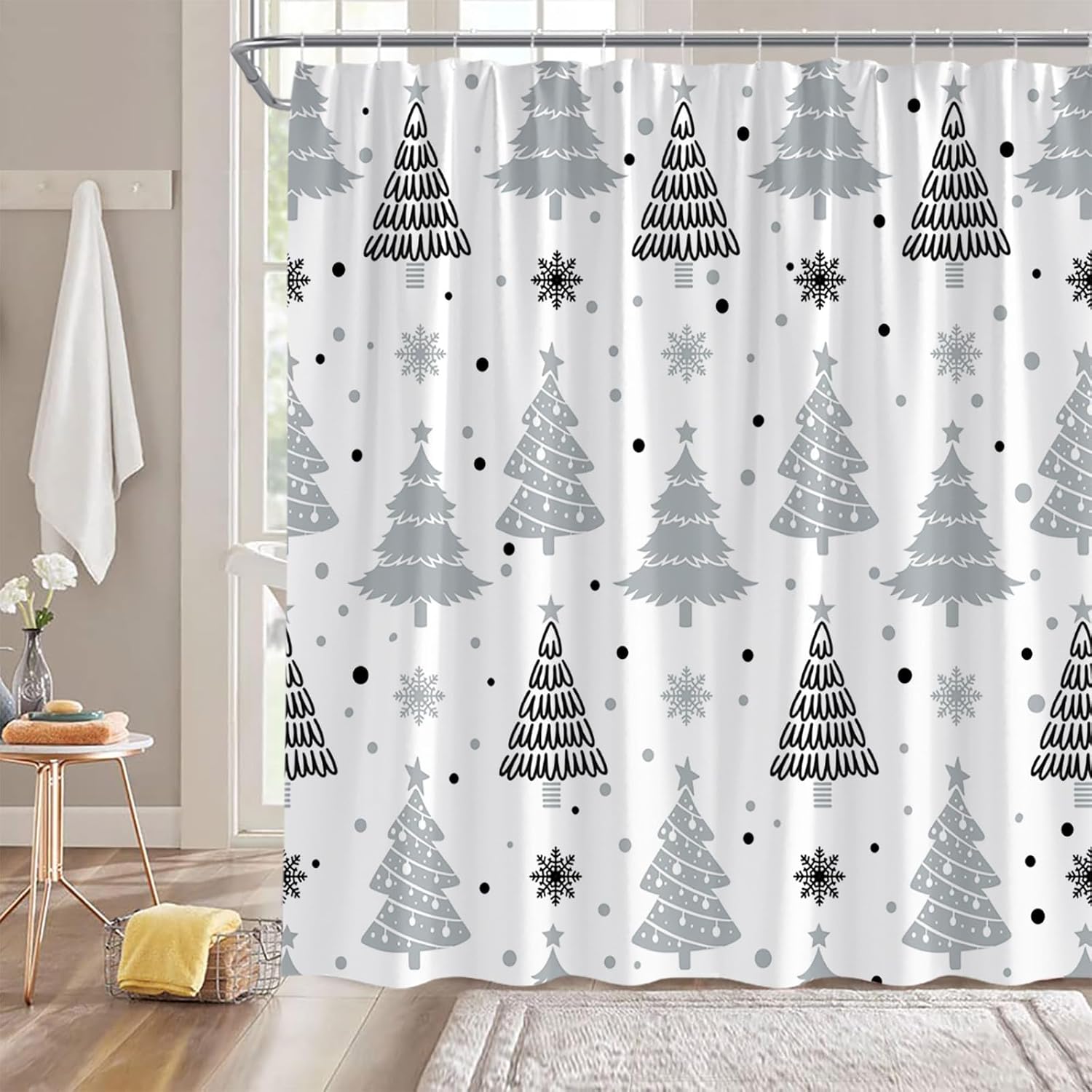 GCTNBJL Christmas Shower Curtain Gray Christmas Tree Snowflake Cute Cartoon Winter Holiday Merry Christmas 70x96(WxH) Inches Bathroom Decor Fabric Curtain with Hooks