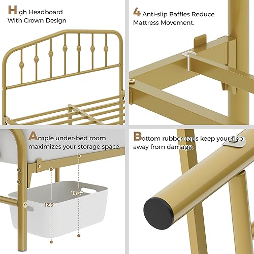 Miniatura 5 de Yaheetech Base de cama tamaño matrimonial, cama de plataforma de metal con cabecera y estribo de hierro forjado de estilo victoriano, fácil montaje,
