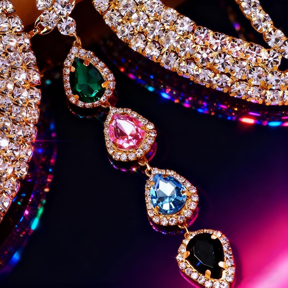 Gold Rhinestone Spiked Bra Top Body Chain Jewelry for Women Colourful Teardrop Chest Bracket Bra Chain Carnival Costume