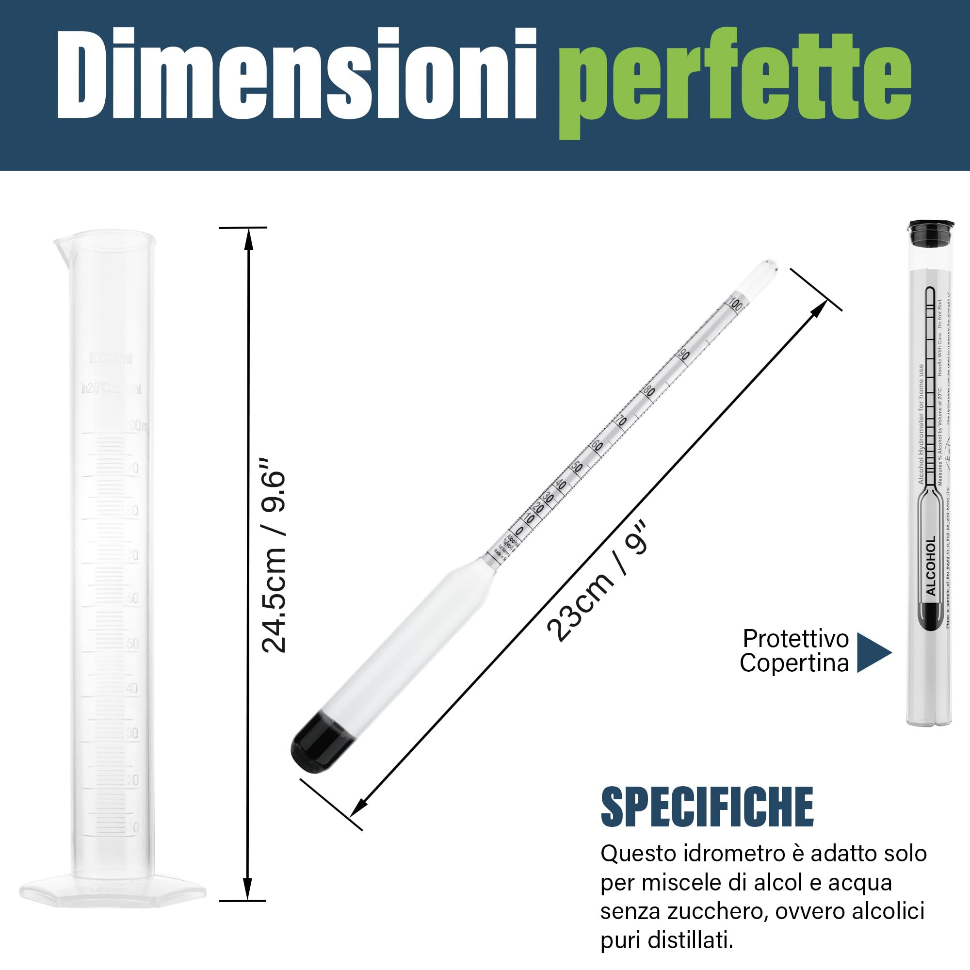 Alcolimetro per alcol e spiriti, per misurare la percentuale di alcol nei distillati (0-100%), con idrometro da 23 cm e provetta da 100 ml