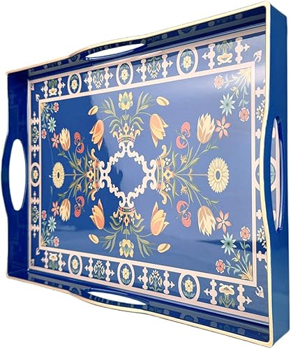Miniatura 87 de Bandeja decorativa bohemia, moderna bandeja azul para servir con asas, juego de 2 bandejas otomanas, bandeja de plástico para mesa auxiliar