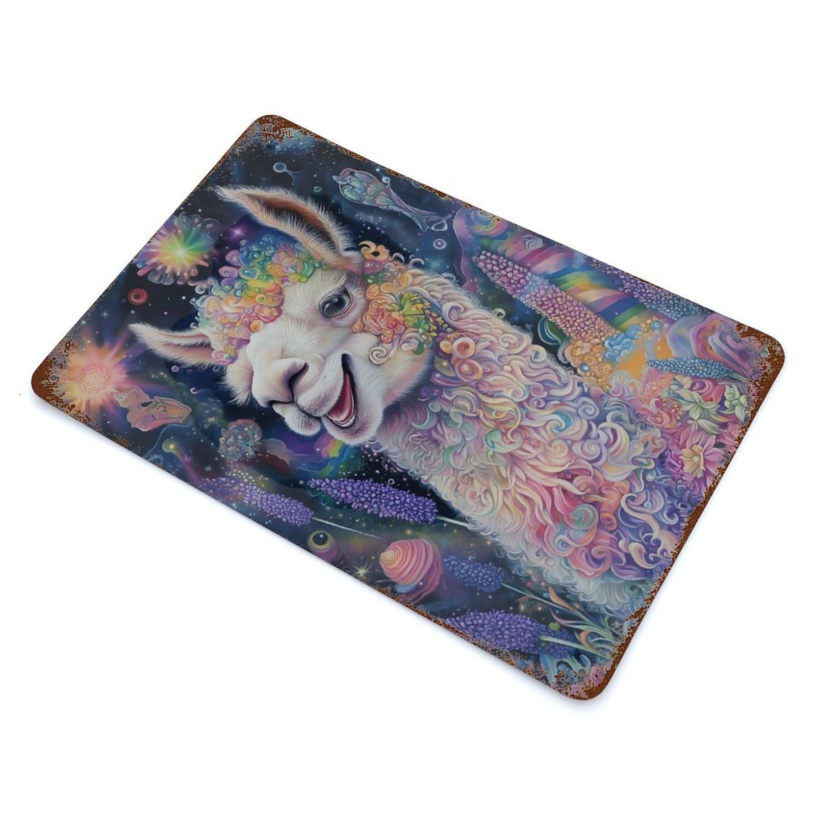 Psychedelic Floral Llama - Vibrant Fine Art Portrait Rusty Metal Tin Sign 11.8"x7.9", Ideal for Patio, Garden Room And Bar Decor