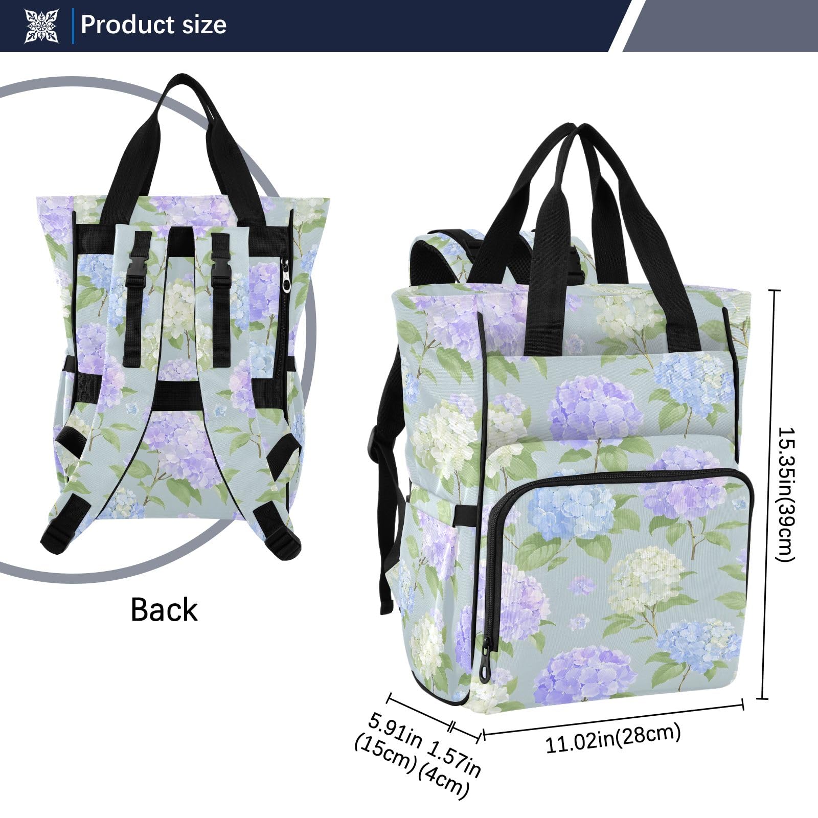 Mnsruu Zaino per pannolini per bambini con motivo ortensia blu grande borsa impermeabile per pannolini da viaggio per mamme e papà