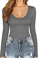 Vista 102 de MANGOPOP Long Short Sleeve Bodysuits for Women Scoop Neck Ribbed Body Suit Stretchy Basic T Shirt Tops