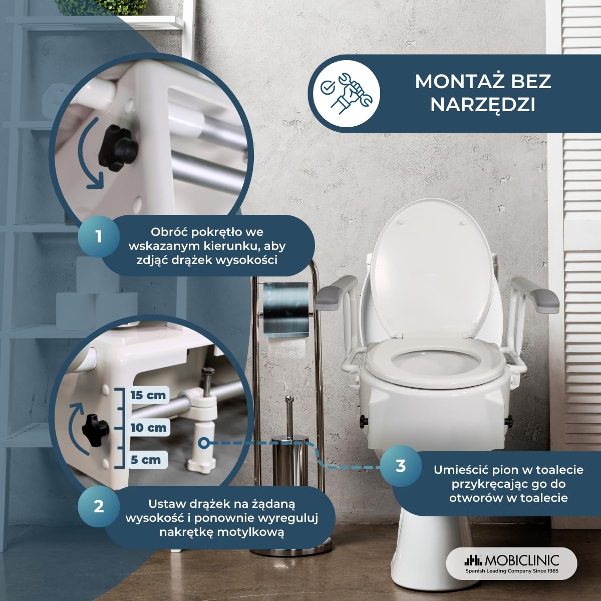 Muralla, Podnośnik do WC z podłokietnikami, Podnoszona deska, Adapter do WC dla seniorów, Regulacja wysokości od 5 do 15 cm, Uchylne, składane podłokietniki