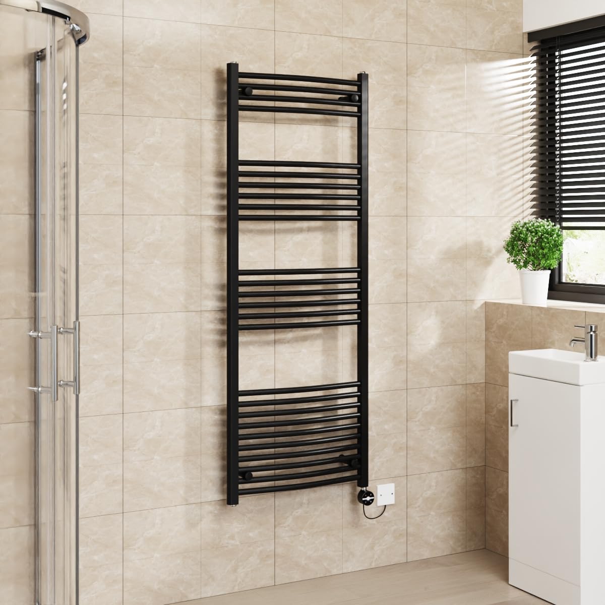 Warmehaus Touch Screen Electric Towel Rail Curved Timer Black 1600x600mm — image 1