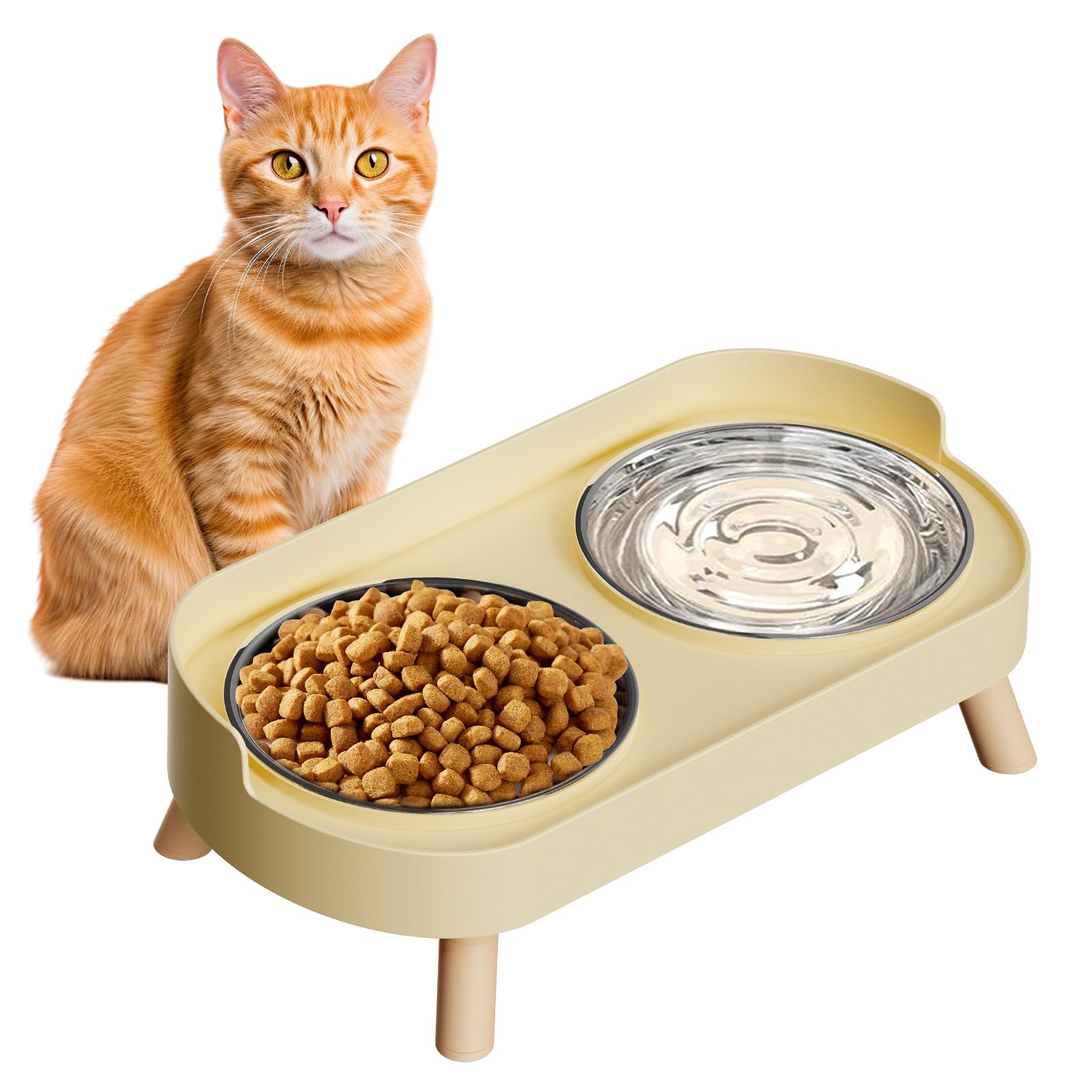 Elevated Cat Bowl, Raised Cat Food and Water Bowl Set for Indoor Cats, Splash Proof with 2 Stainless Steel Pet Food Bowls for Cats and Puppies, Whisker Fatigue and Dishwasher Safe - Yellow — image 1