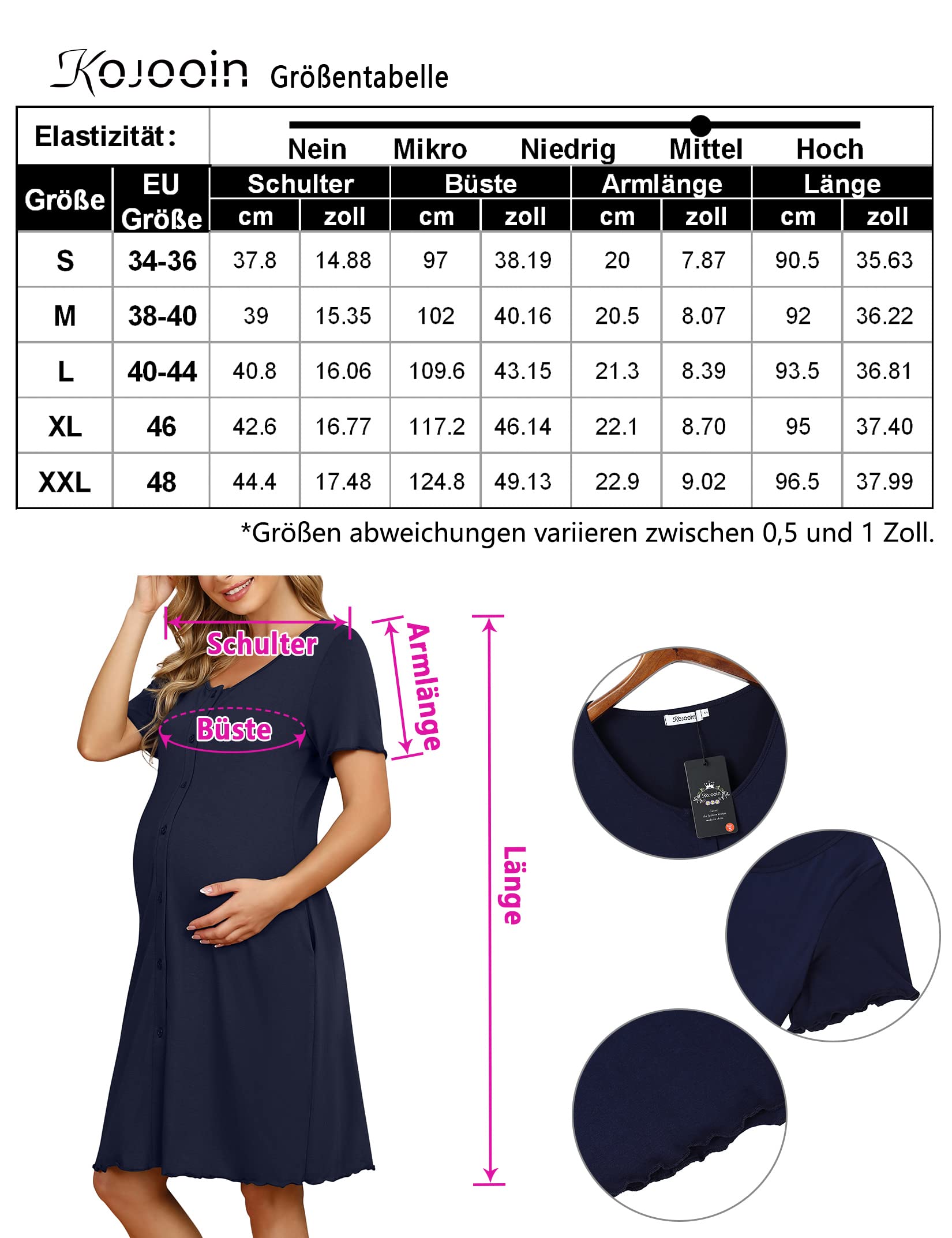 KOJOOIN Chemise de Nuit Naissance Femme d'allaitement Manches Courtes Vêtements de Nuit Coton de maternité avec Patte de Boutonnage sur Toute la Longueur Robe de Nuit