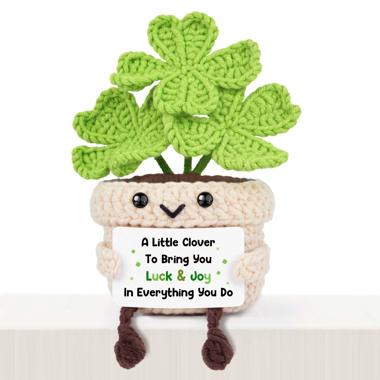 Giftasy Good Luck Gifts for Women or Men - Handmade Crochet Clover with Warm Card - Cute Lucky Gift for Friends, Family, Coworkers - Desk Decor Keepsake for Everyday Encouragement