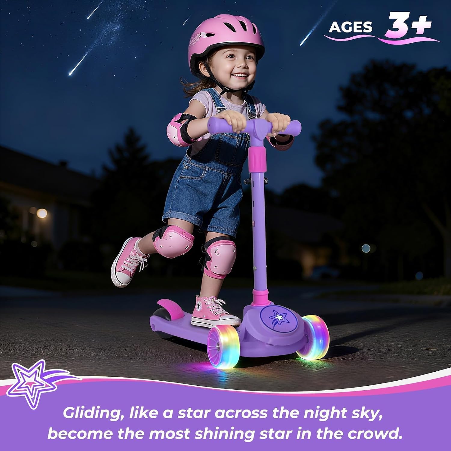 Nattork Kids Scooter for Girls Boys with Light Up Wheels, 3 Adjustable Height Handlebars, Lean-to-Steer Technology, Widen Anti-Slip Deck, 3 Wheel Scooter for kid ages 3-8, Support Riders Up to 110 LBS