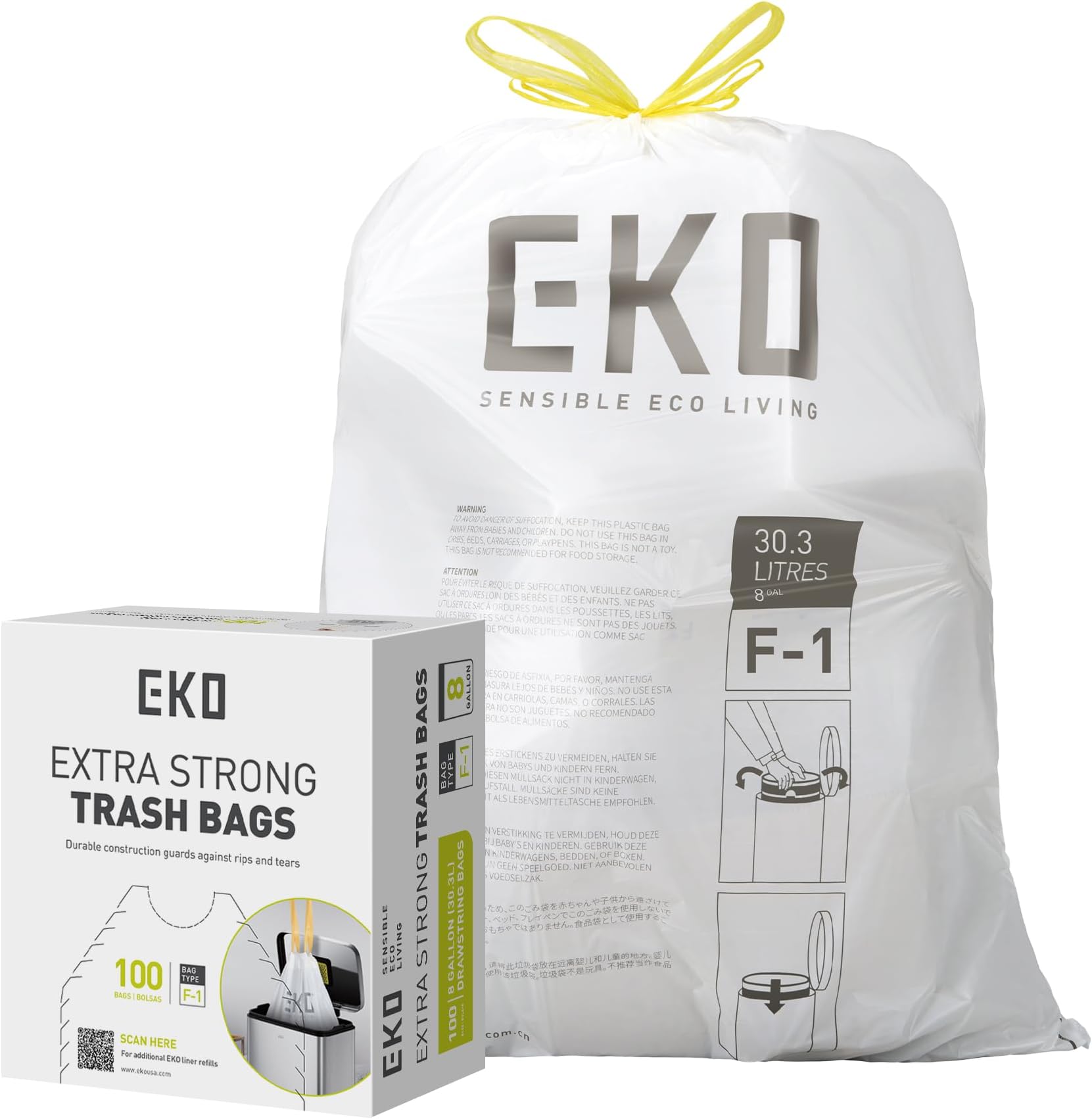EKO Easy-Dispense Roll 100 Count Extra-Strong Drawstring Kitchen Trash Bags – 8 Gallon Garbage Bags (30.3L) 1 Pack, Code F-1 Slim Fit