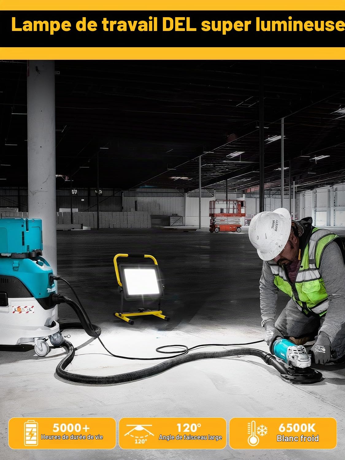 Projecteur LED Chantier 100W, 10000LM Blanc Froid, Étanche IP66, Portable avec Câble de 9.84FT, Aluminium et Verre, Moderne, Pour Extérieur, Garage, Atelier