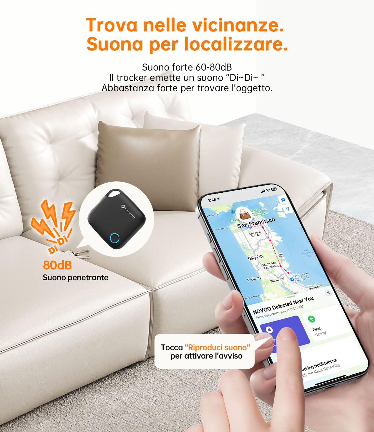 NOVOO Smart Tag Apple Find My Localizzatore Oggetti Allarme 80 dB Batteria Sostituibile Blocco Bambini Tracker Chiavi Portafoglio Bagagli 4 Pezzi