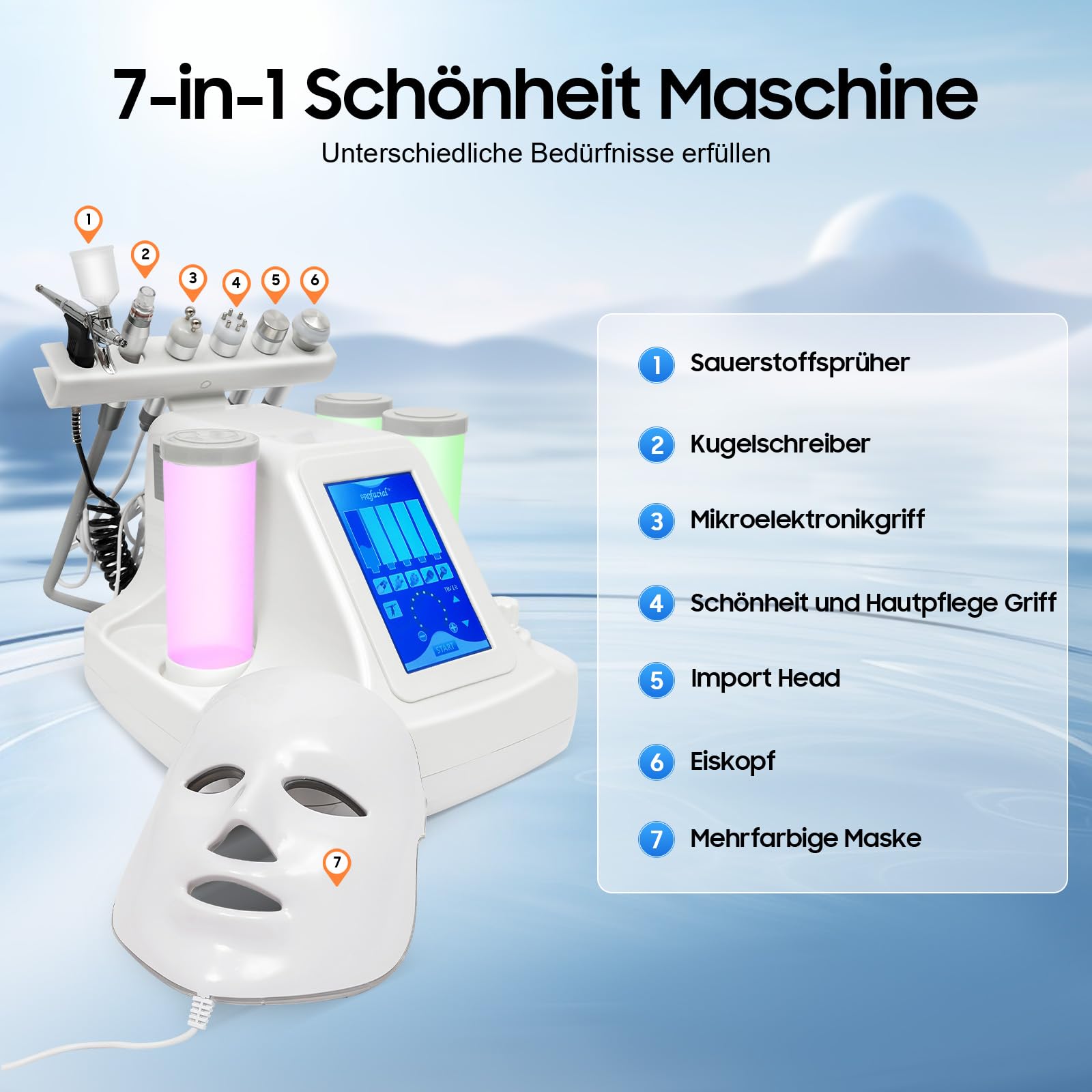 Máquina de belleza 7 en 1, oxígeno hidrógeno, limpieza profunda, Hydra Beauty Facial Care Machine con máscara LED, pequeñas burbujas de aire, instrumento de limpieza con pantalla LED