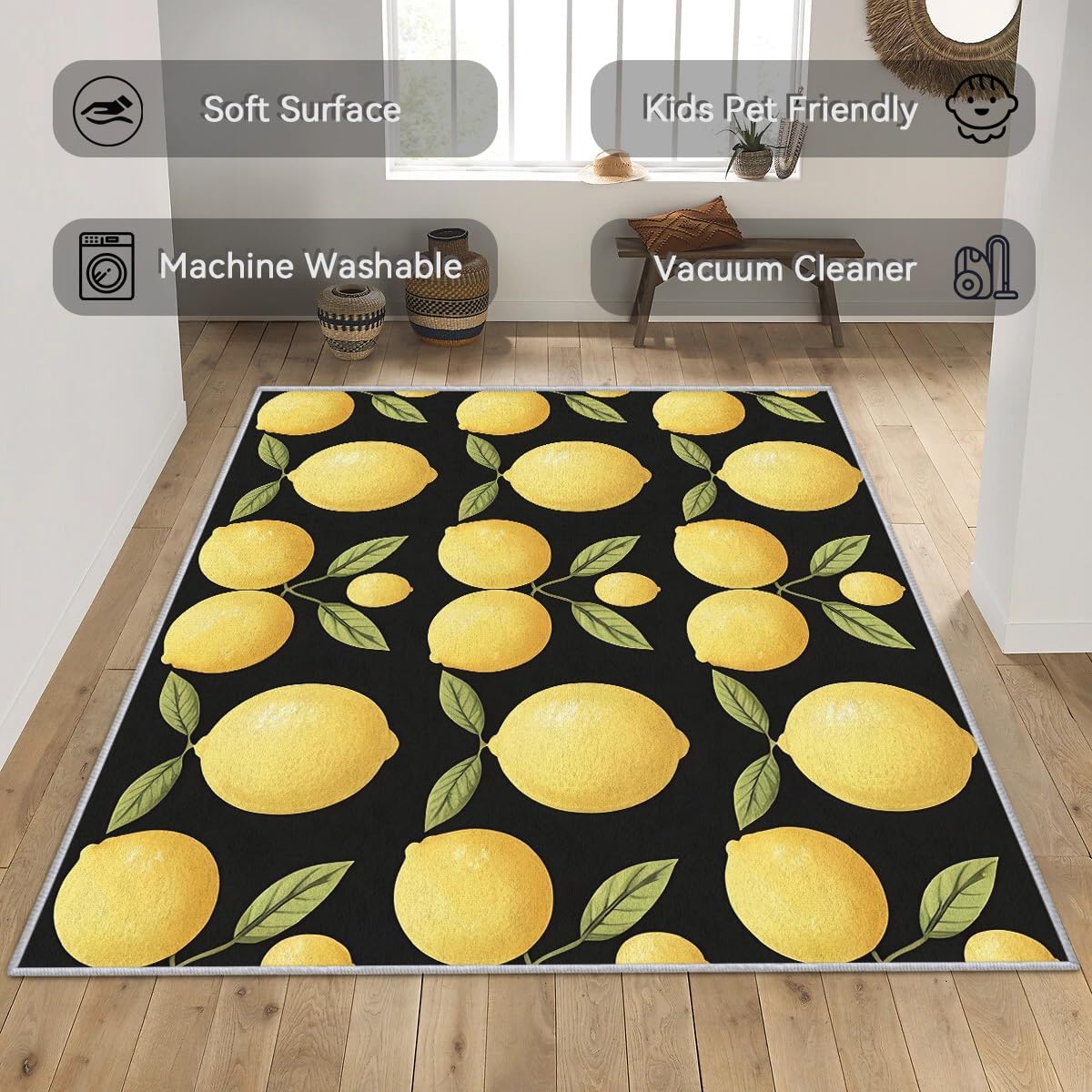 Lemon Throw Rug 2x3, Washable Summer Tropical Fruit Rugs for Entryway Bedroom Kitchen, Green Yellow Black Area Rug for Home Decor, Non Slip Backing Indoor Floor Mat Carpet - 2 x 3 ft