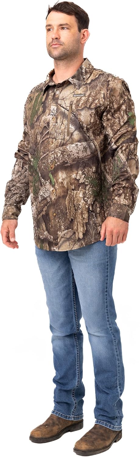 Realtree Men’s Long Sleeve Camo Hunting Shirt - Lightweight Breathable Button Down with UPF 50+ Sun Protection