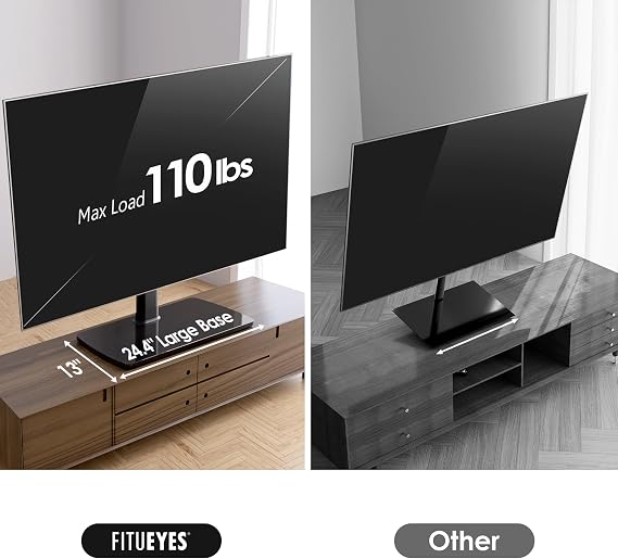 FITUEYES Universal TV Stand Mount for 43-80 85 inch TVs, Swivel Tall TV Mount Stand, Table Top TV Stand Base Replacement, Height Adjustable TV Table Stand, Glass Base, Max Holds 110lbs