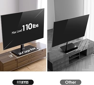 FITUEYES Universal TV Stand Mount for 43-80 85 inch TVs, Swivel Tall TV Mount Stand, Table Top TV Stand Base Replacement, Height Adjustable TV Table Stand, Glass Base, Max Holds 110lbs