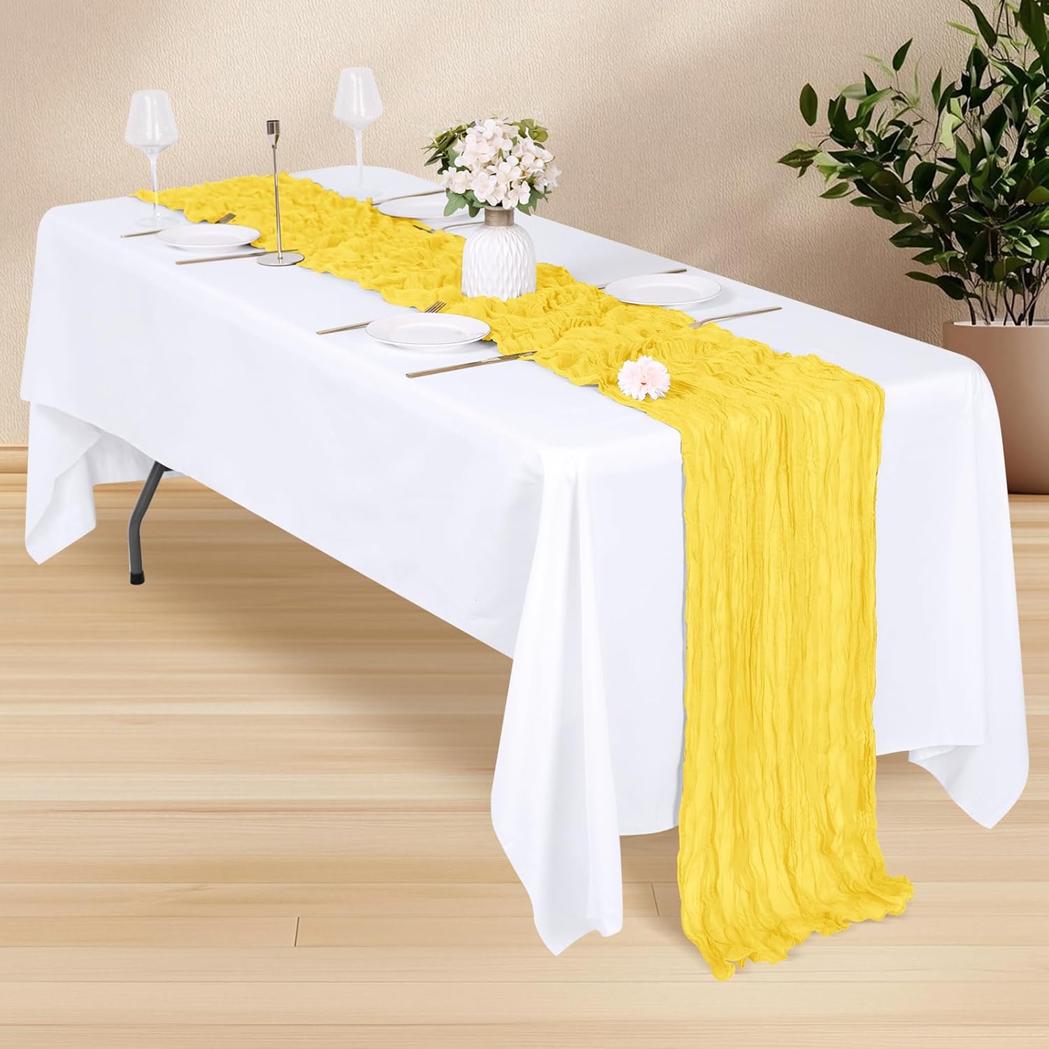 28 Pack Lemon Yellow Cheesecloth Table Runner 17x108 Inch Semi Sheer Boho Gauze Cheese Cloth Fabric Table Runners, for Wedding Party Baby Shower Birthday Home Decor Garden Farmhouse