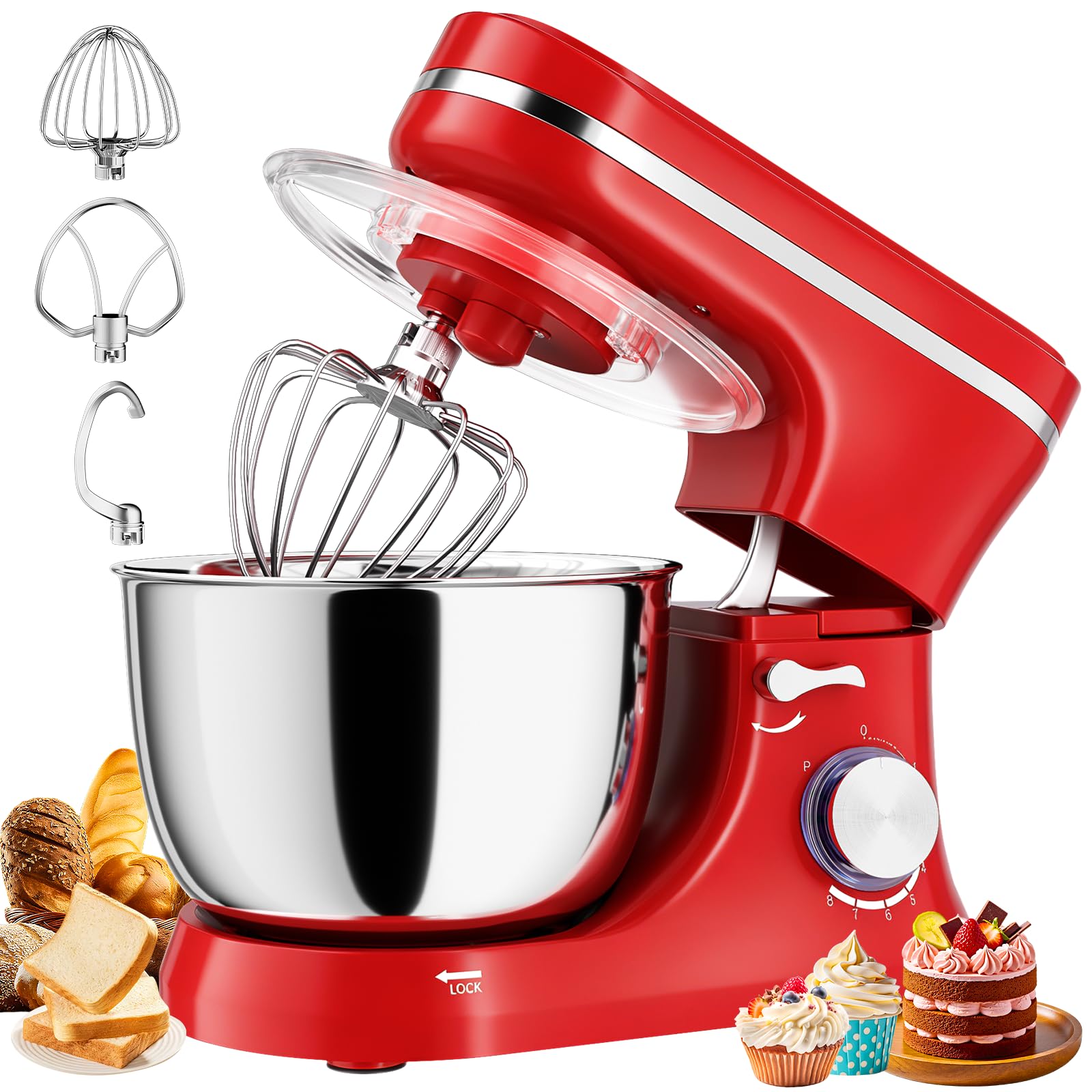 5L Stand Mixer, 1000W Electric Kitchen Mixer with 8 Speeds, Stainless Steel Bowl, Dough Hook, Wire Whip and Pulse Setting (RED)