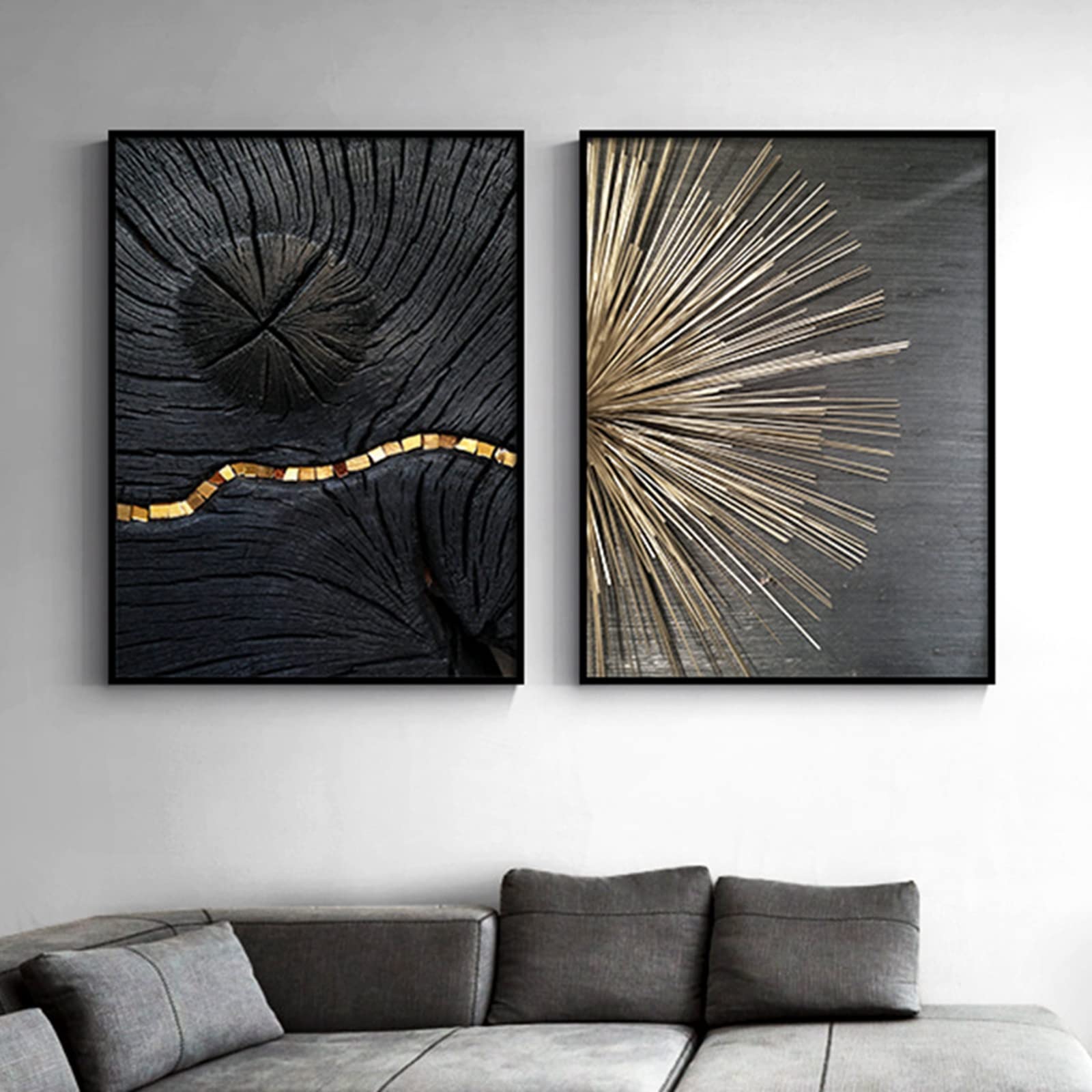 HEHGVCF Set di 3 poster su tela con motivo a righe in oro, nero, bianco e oro, set di immagini astratte con anelli annuali, stampe artistiche da parete, senza cornice (A++B+C, 50 x 75 cm)