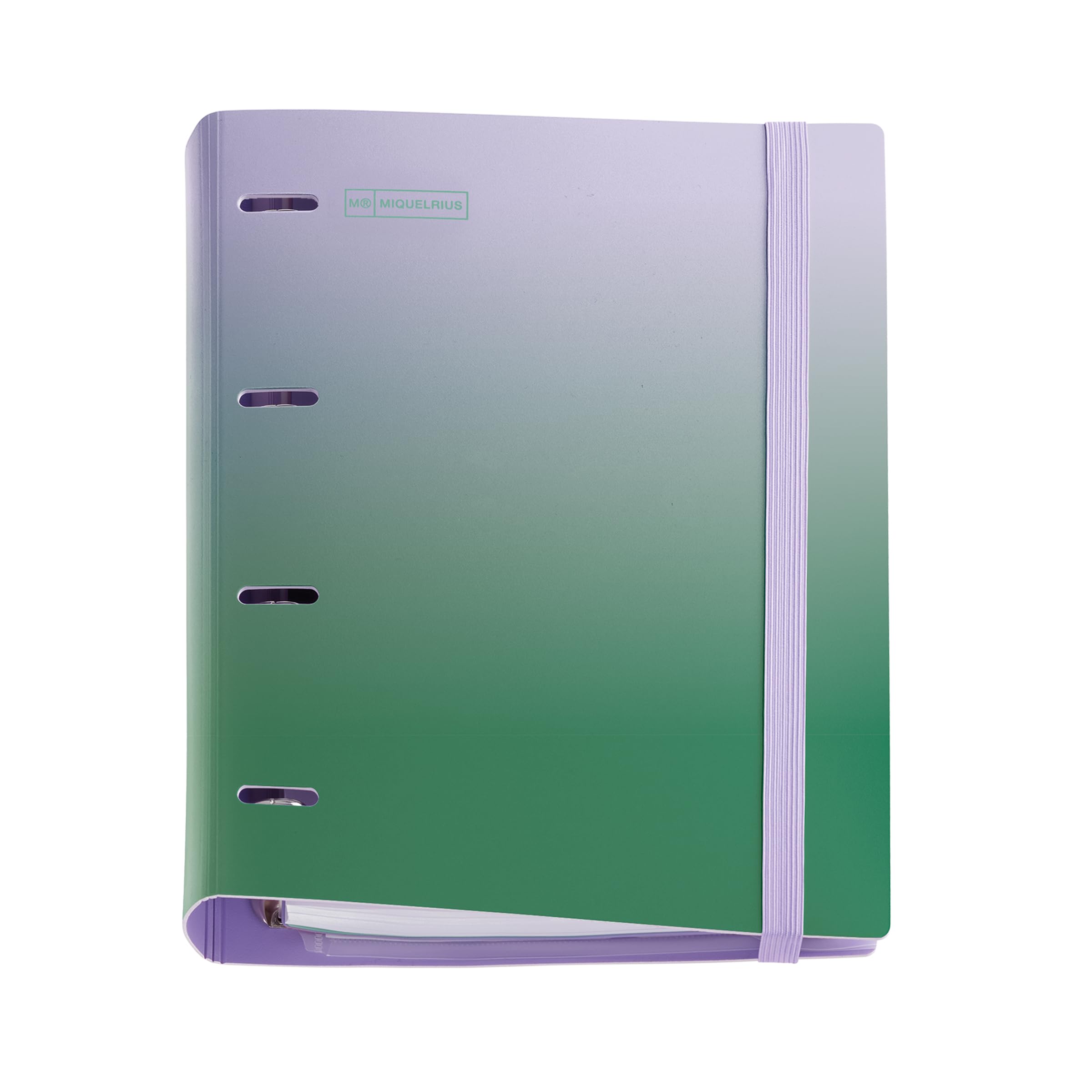 Miquelrius - A4 polyfoam Plastic Ring Binder, Carpebloc with a Refill 100 Squared Sheets + 4 dividers + 1 Polypropylene Envelope, 4 Ring Binder, Rubber Closure, Lavender & Green