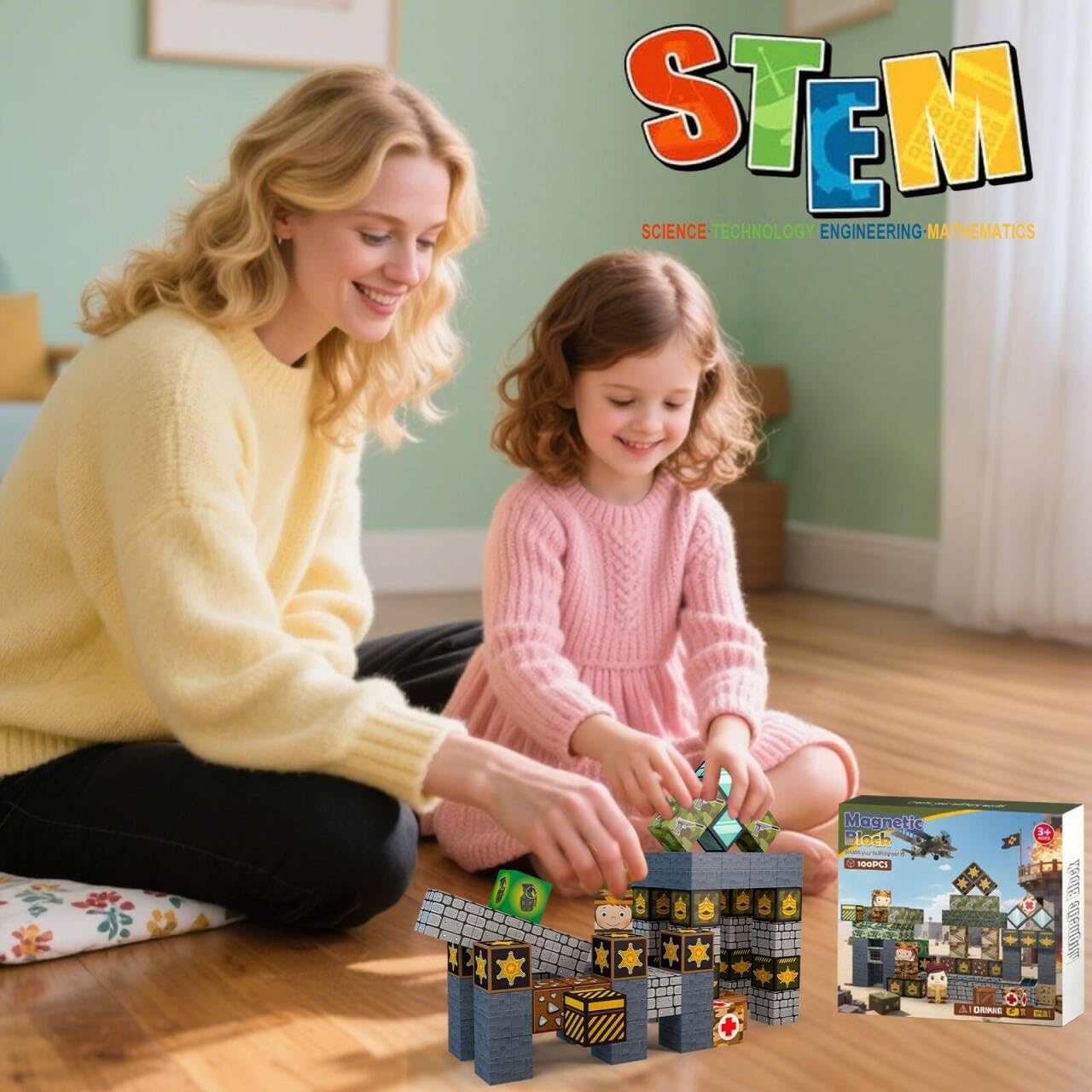 Magnetic Blocks 100PCS Magnetic Tiles Military Building,Kids Classroom Sensory Toy for Toddlers STEM Learning, Construction Stacking Toy for Kids 3+ Boys and Girls Christmas Birthday Gifts Toys