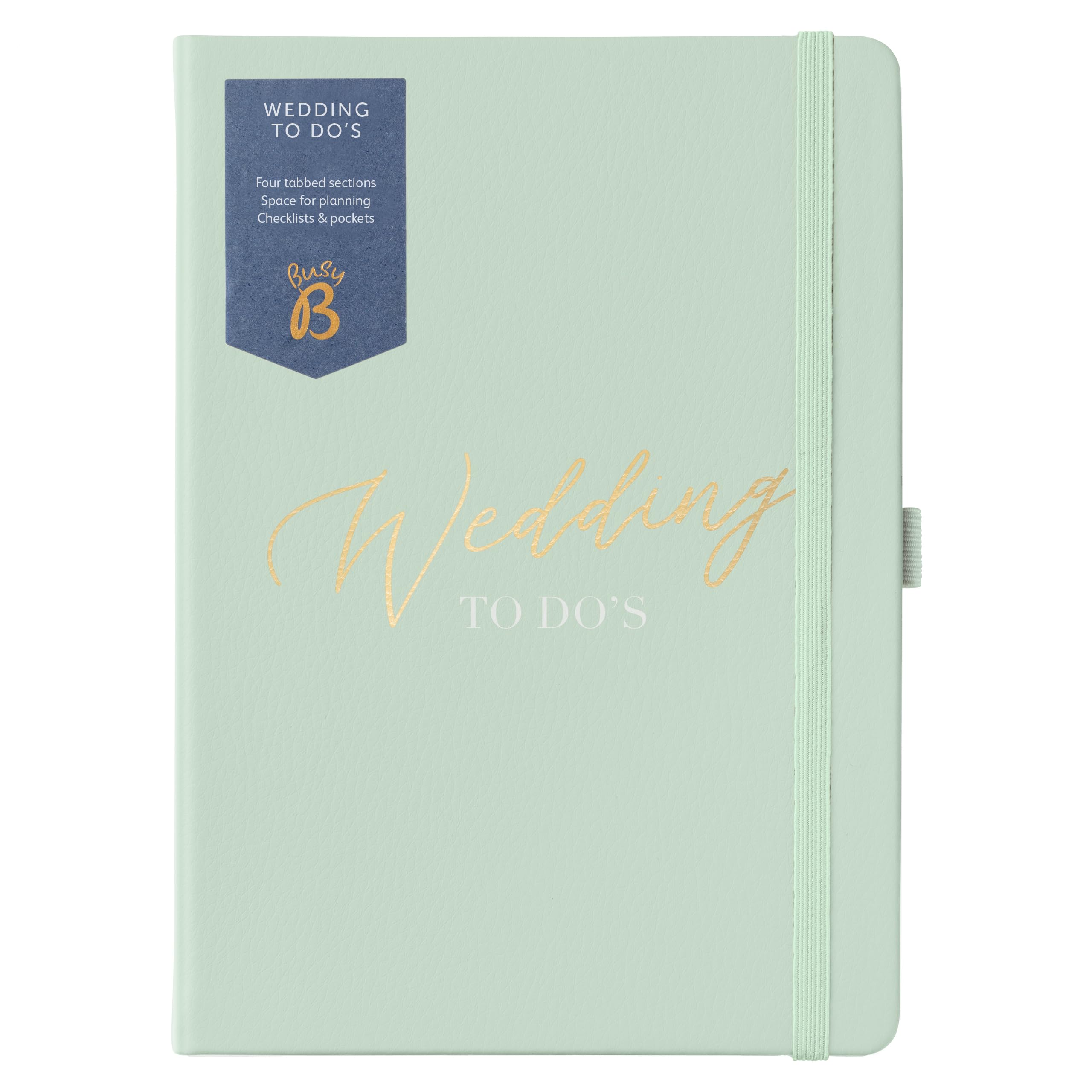 Busy B Wedding To Do Book – A5 Wedding Organiser – Sage Green Vegan Leather – Checklists, Tabbed Sections, Storage Pockets, Pen Loop, Elastic Closure & Ribbon Page Marker
