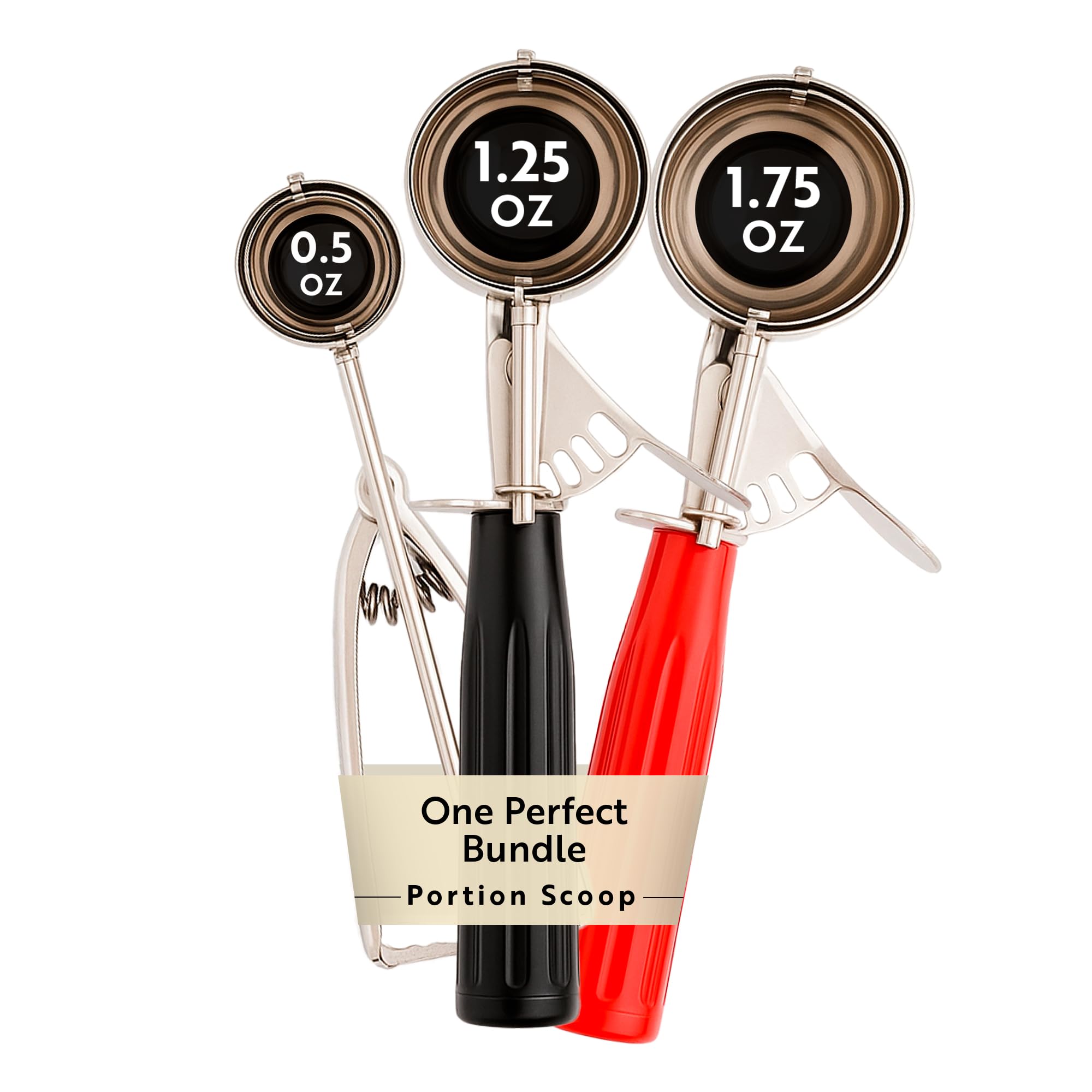 Restaurantware Bundle: 3 Ice Cream Scoops Trigger Release Stainless Steel Dishers 0.5 / 1.25 / 1.75 Ounce Cookie Scoops For Baking, Silver, Black and Red, Portion Control, Cookie Dough, Cupcake Batter