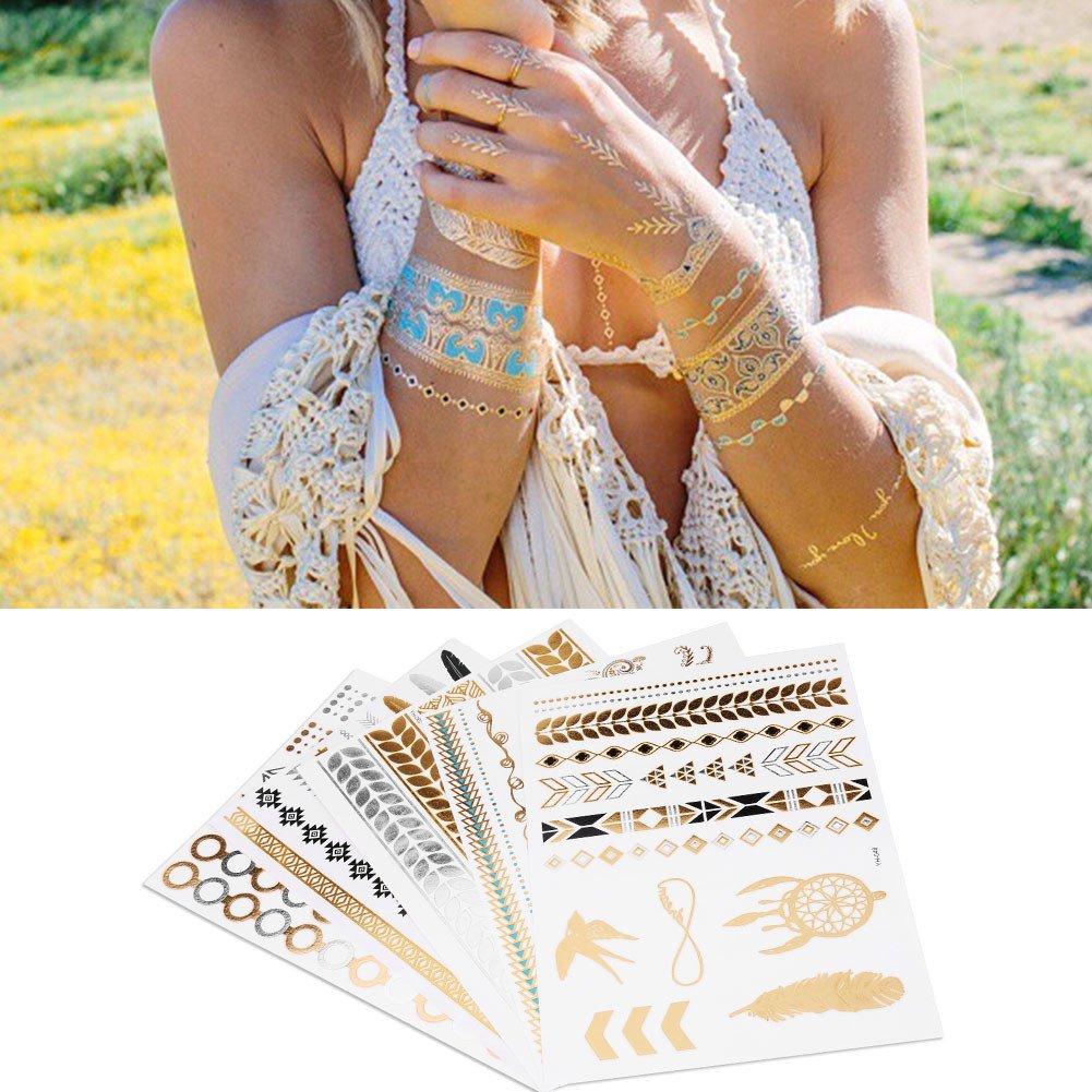 Metallic Temporary Tattoos, 5pcs Large Sheets Mixed Gold Silver Glitter Color Flash Fake Watertight Tattoo Stickers for Adults Kids, Beach Festivals Parties