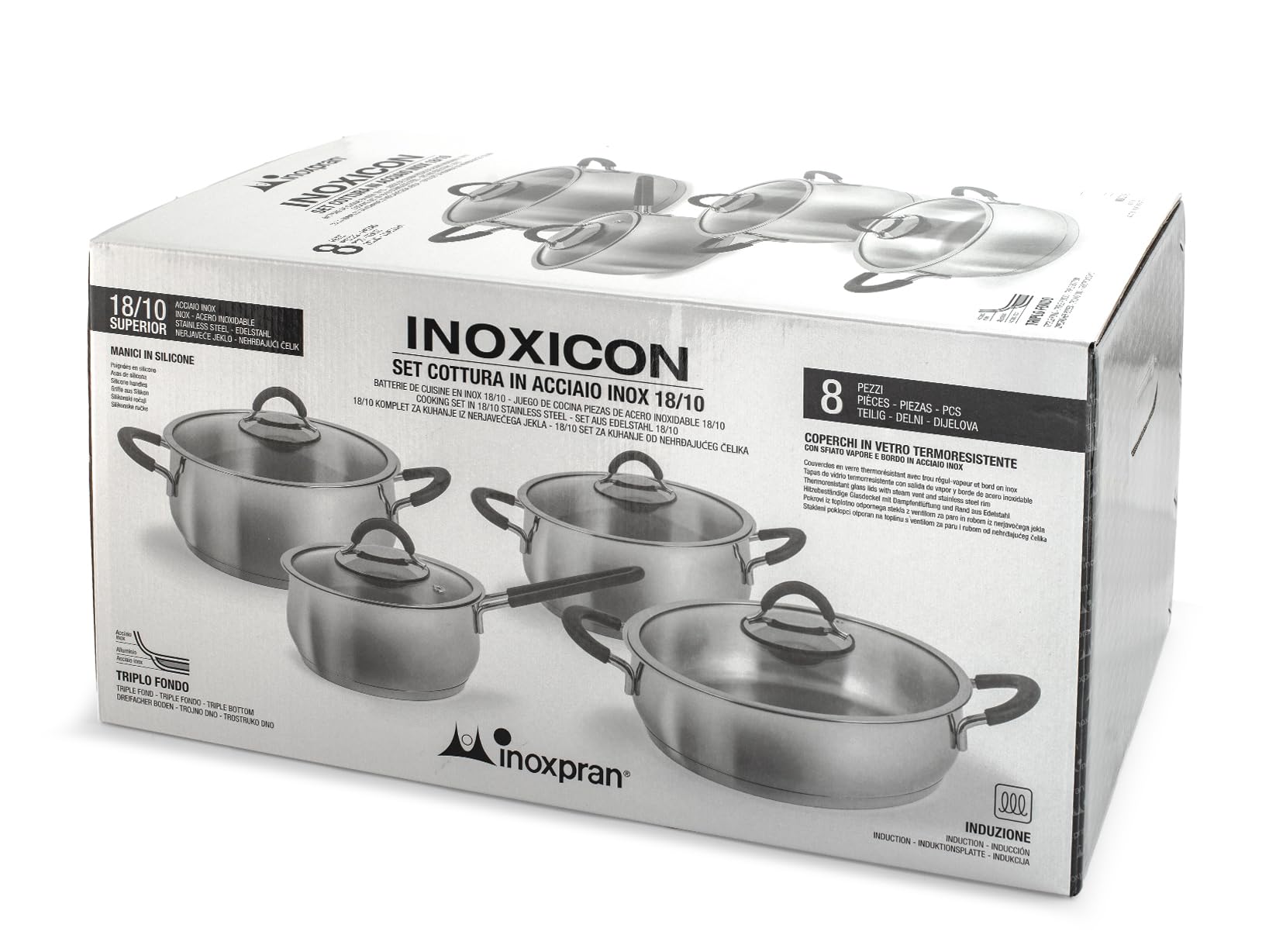 Batteria di Pentole, 8 Pezzi Inoxicon in Acciaio Inox 18/10, Triplo Fondo per Tutti i Piani Cottura Inclusa Induzione, con Coperchi in Vetro