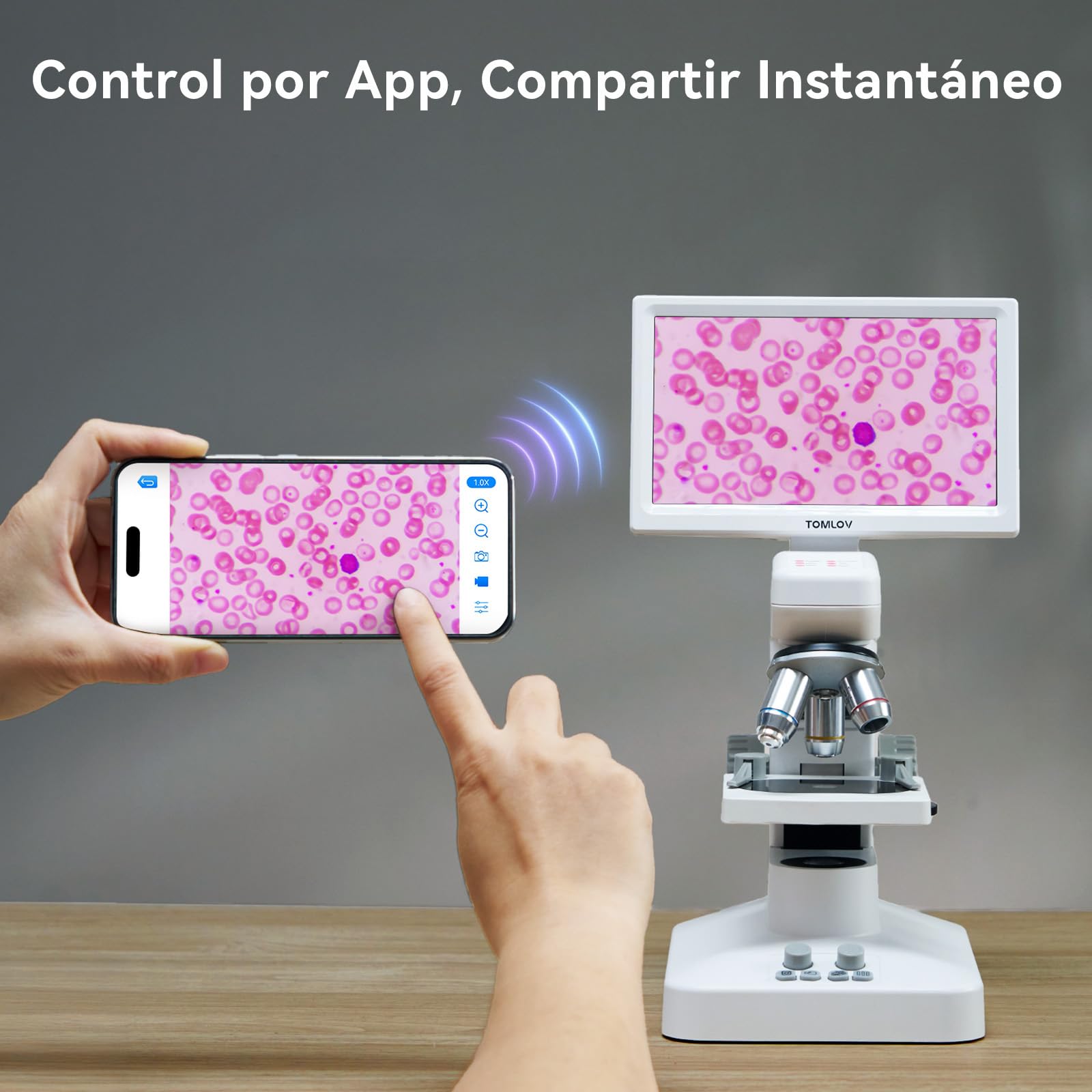 TOMLOV DM301 Pro Microscopio Biológico 1200X: 7" Microscopio Digital para Adultos y Niños, 3 Lentes, Escala de Medición Integrada, Iluminación LED Doble, Compatible con Teléfono, PC y TV