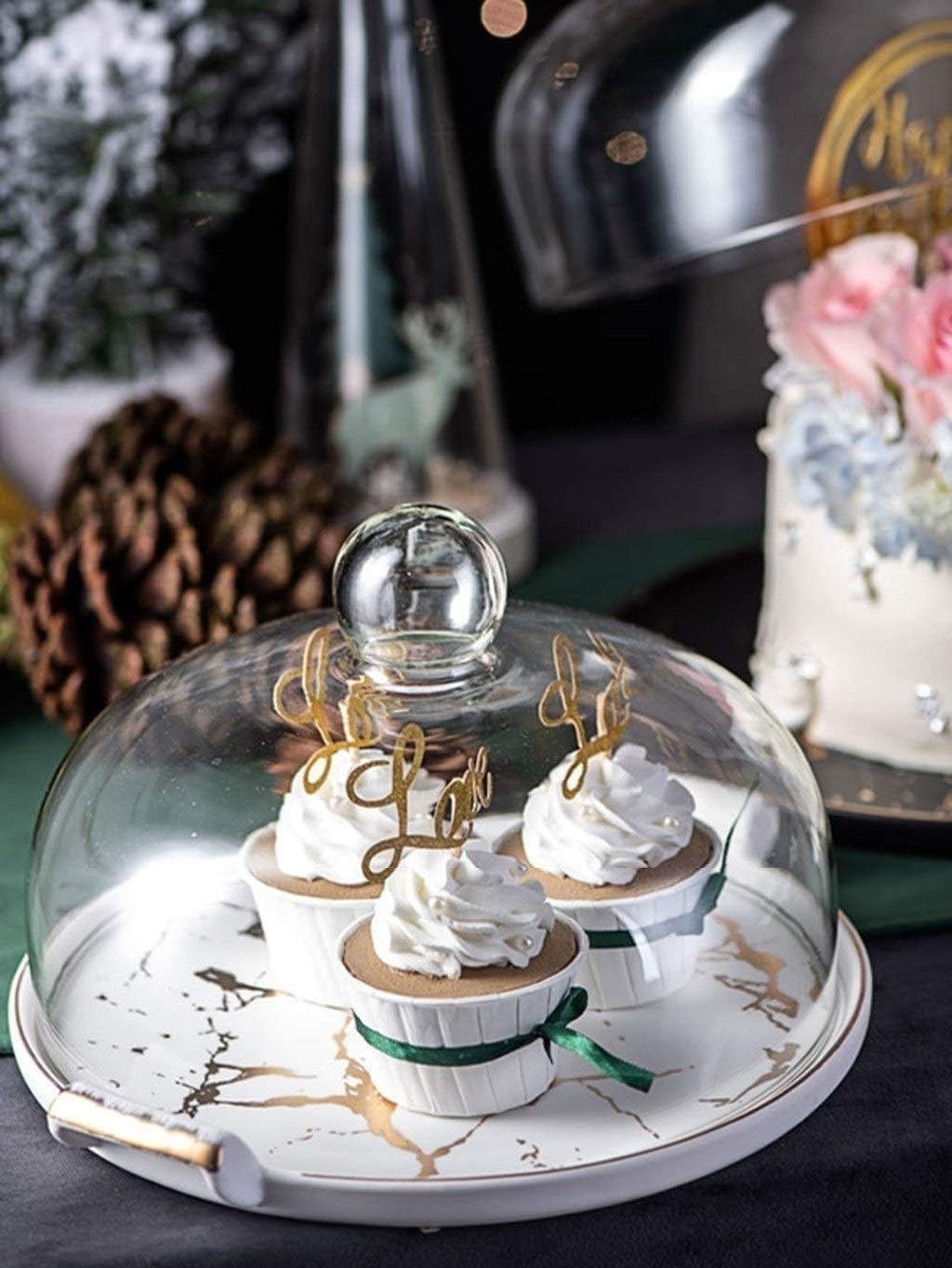Marble Textured Cake Tray, Porcelain Serving Platter Retro Party Dessert Display Stand Fruit Snack Glass Dome Classic Black White
