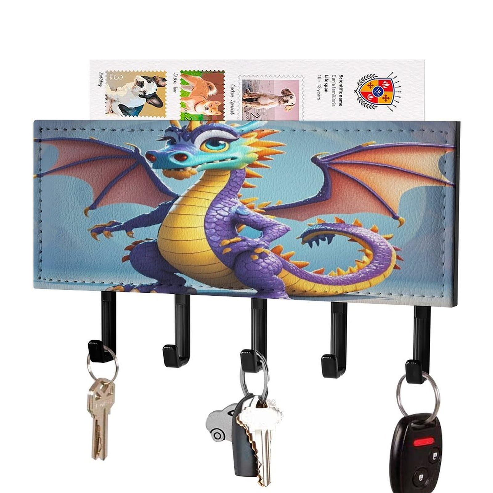 Fekiloot Black-Style Cartoon Dragon Key Holder Wall Mount Key Hanger With 5 Hooks Decorative Key Rack Hanging Key Hooks With Mail Organizer Key Holder For Wall Living Room Kitchen Bathroom Hallway Black