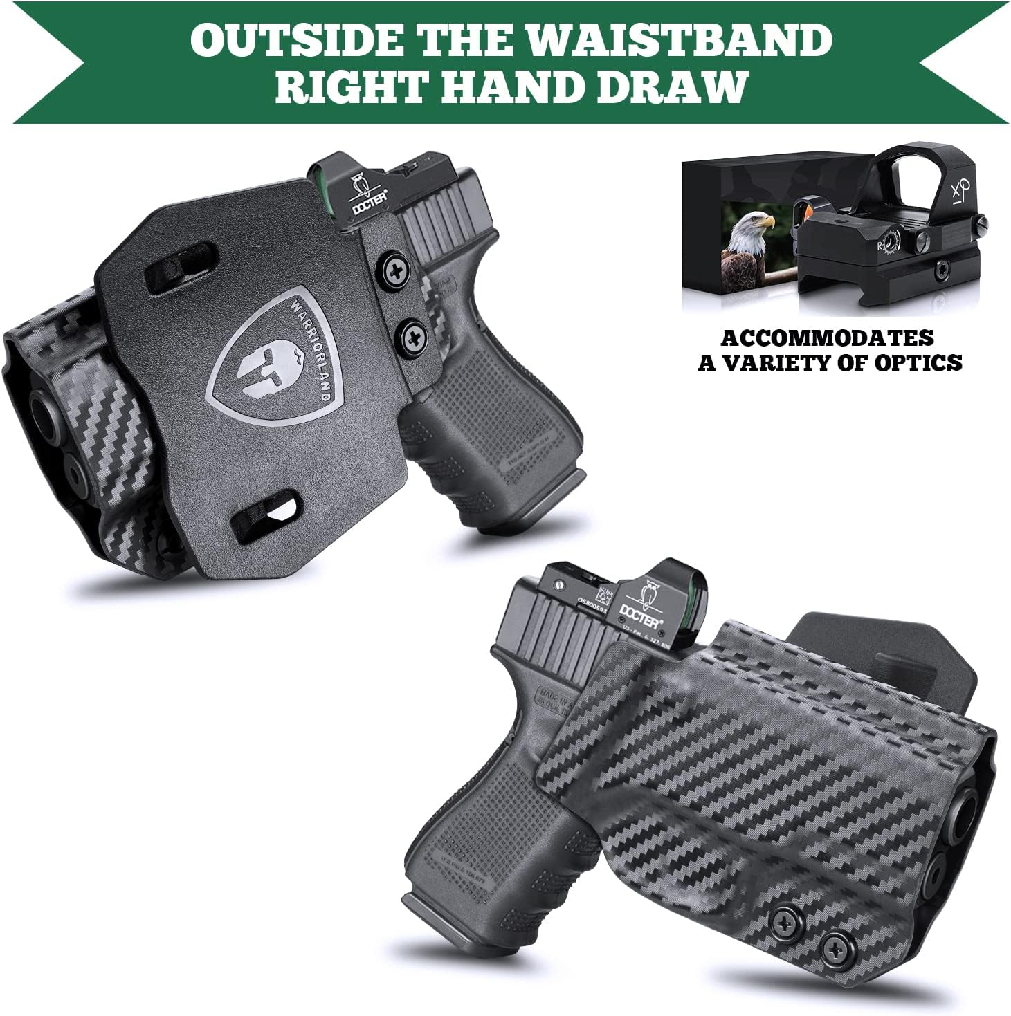 WARRIORLAND OWB Kydex Holster with Optic Cut, Select Fit for Glock 17/19/19X/ 43/43X MOS, No Rail 1911, Hellcat/Hellcat Pro, Taurus G2C/G3C, Shield Plus/EZ, P320/P365/P226 &More, Paddle Holster