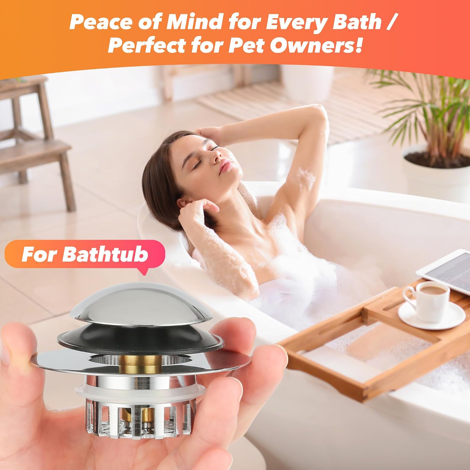 Universal 3-in-1 Bathtub Drain Stopper with Hair Catcher, 1.45-1.8 inch (1, Sliver)